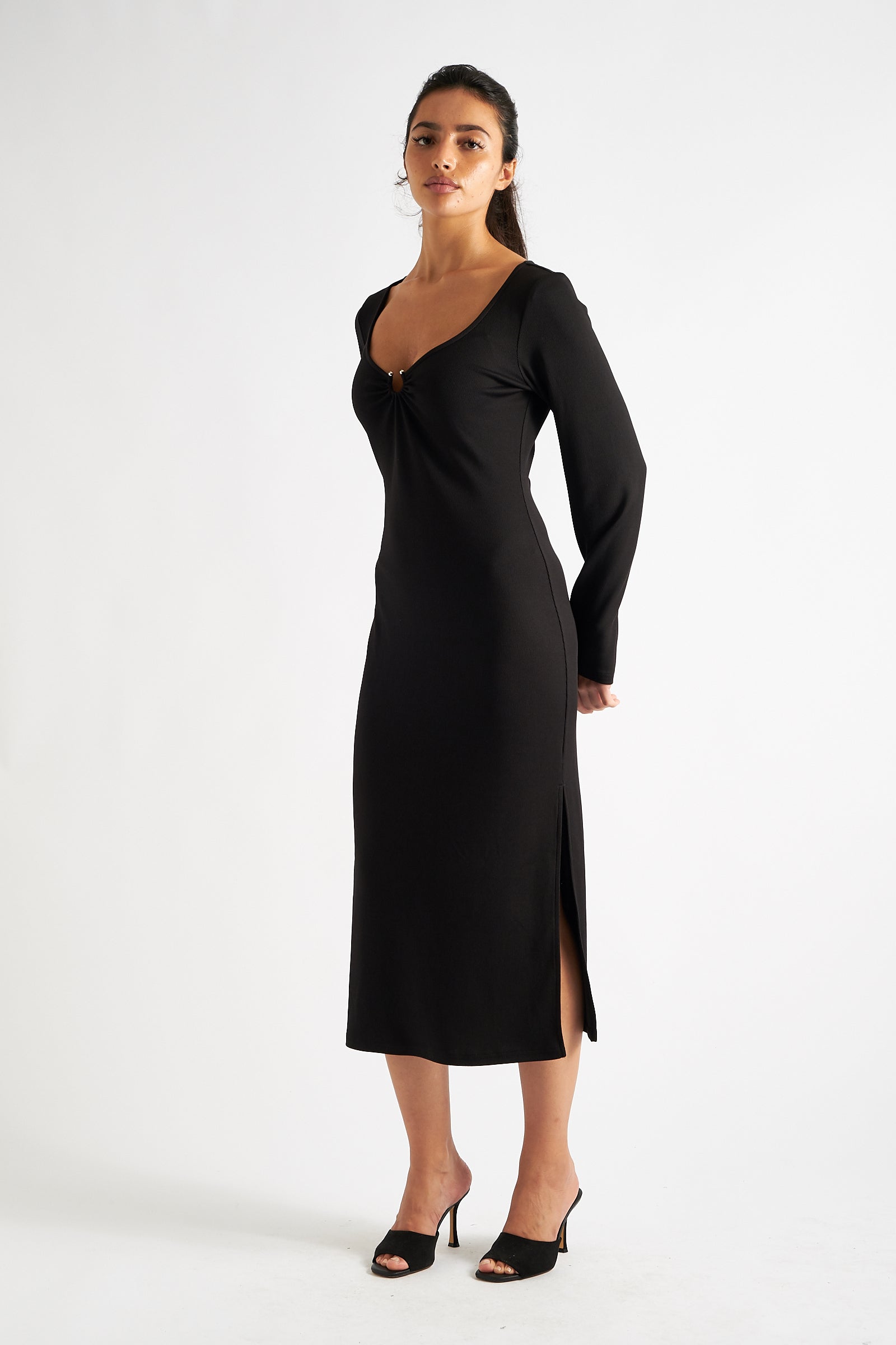 Charley Fine Rib Bodycon Midi Dress - Black - Detail 2