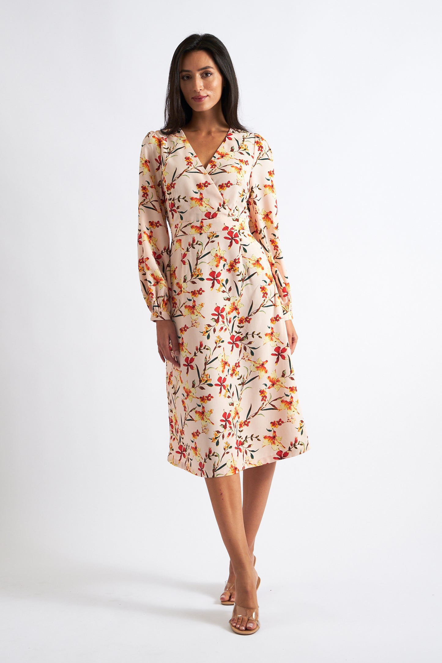 Cinnamon Flower Print Midi Wrap Dress