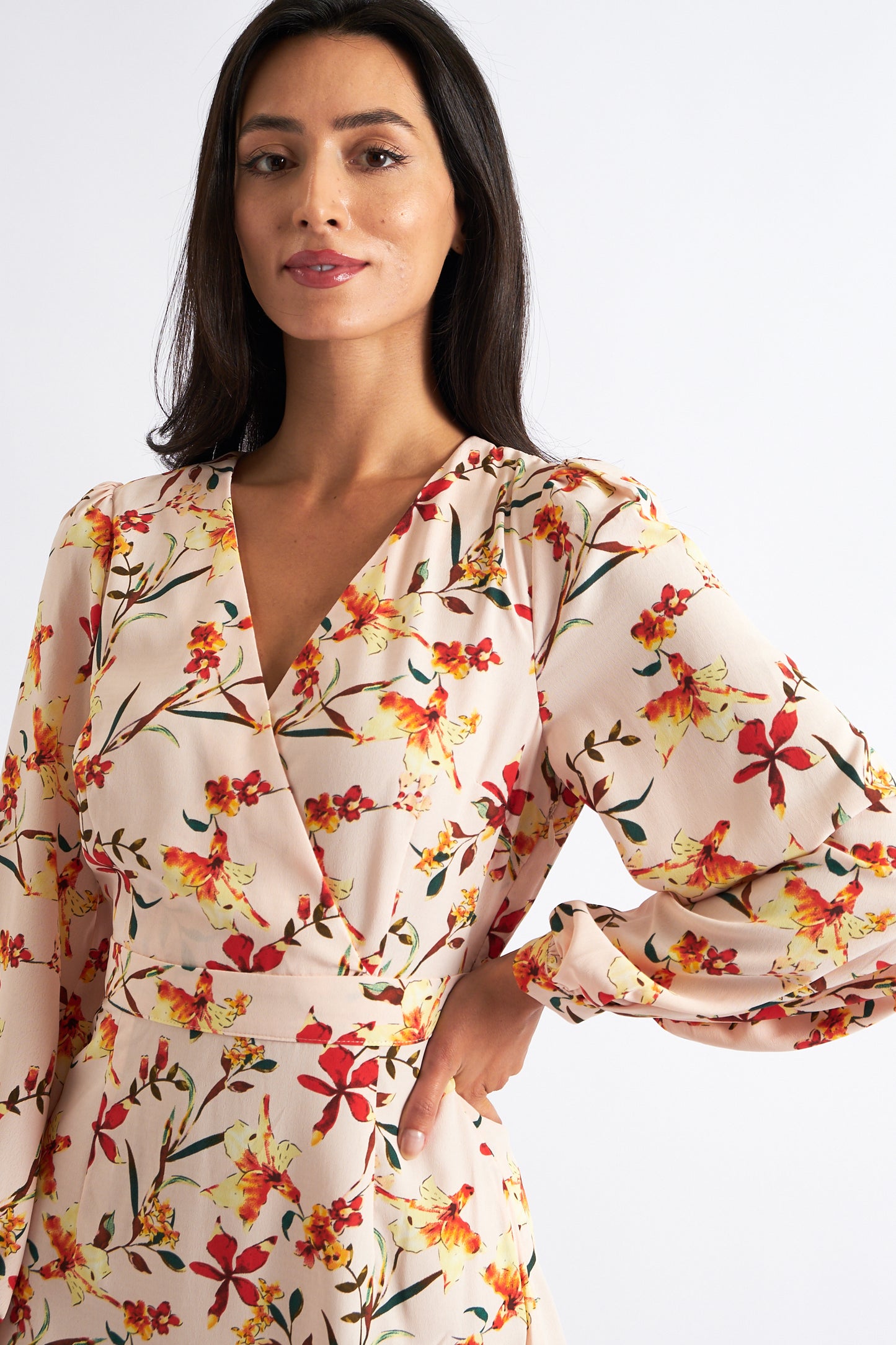 Cinnamon Flower Print Midi Wrap Dress