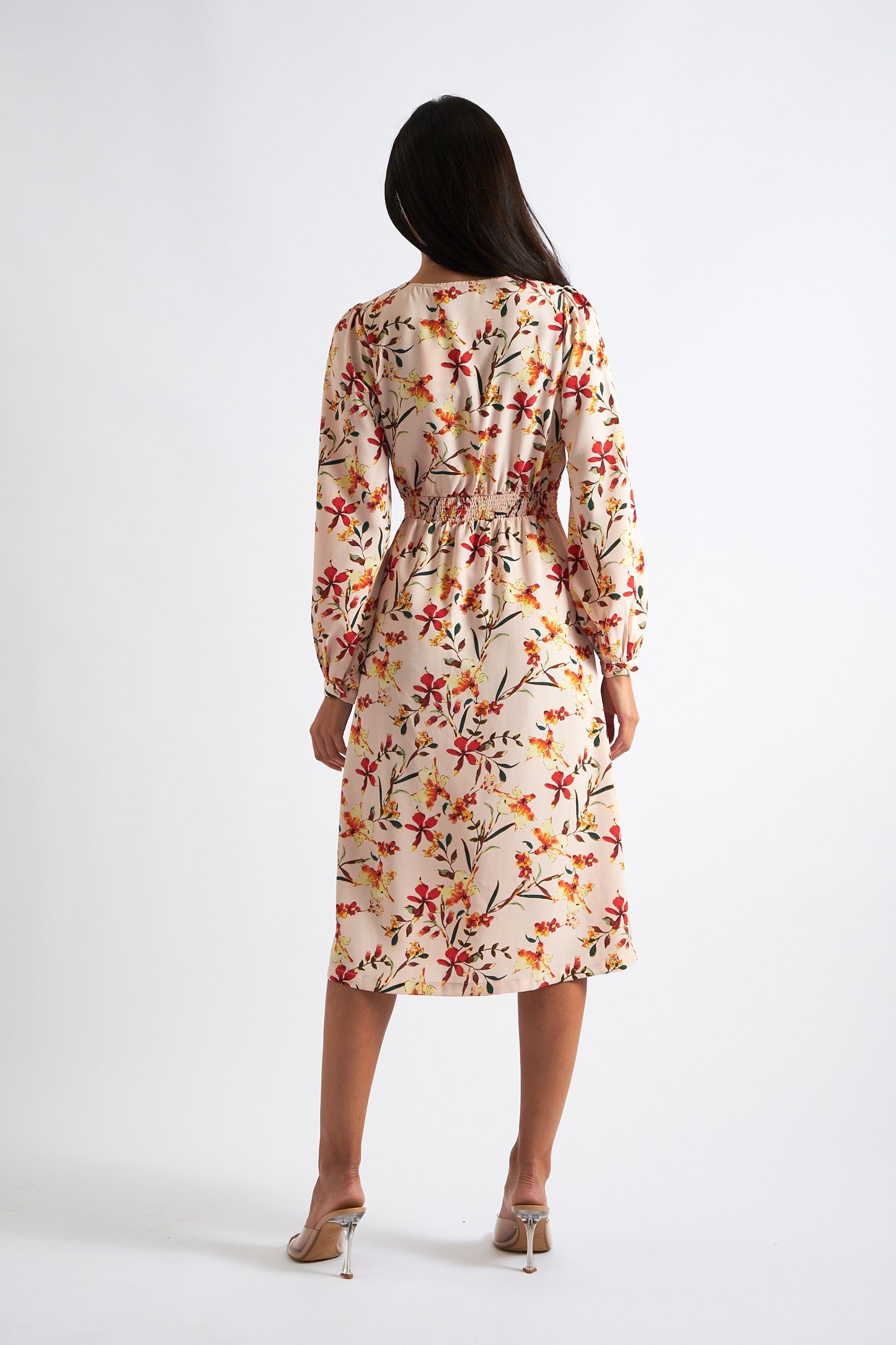 Cinnamon Flower Print Midi Wrap Dress