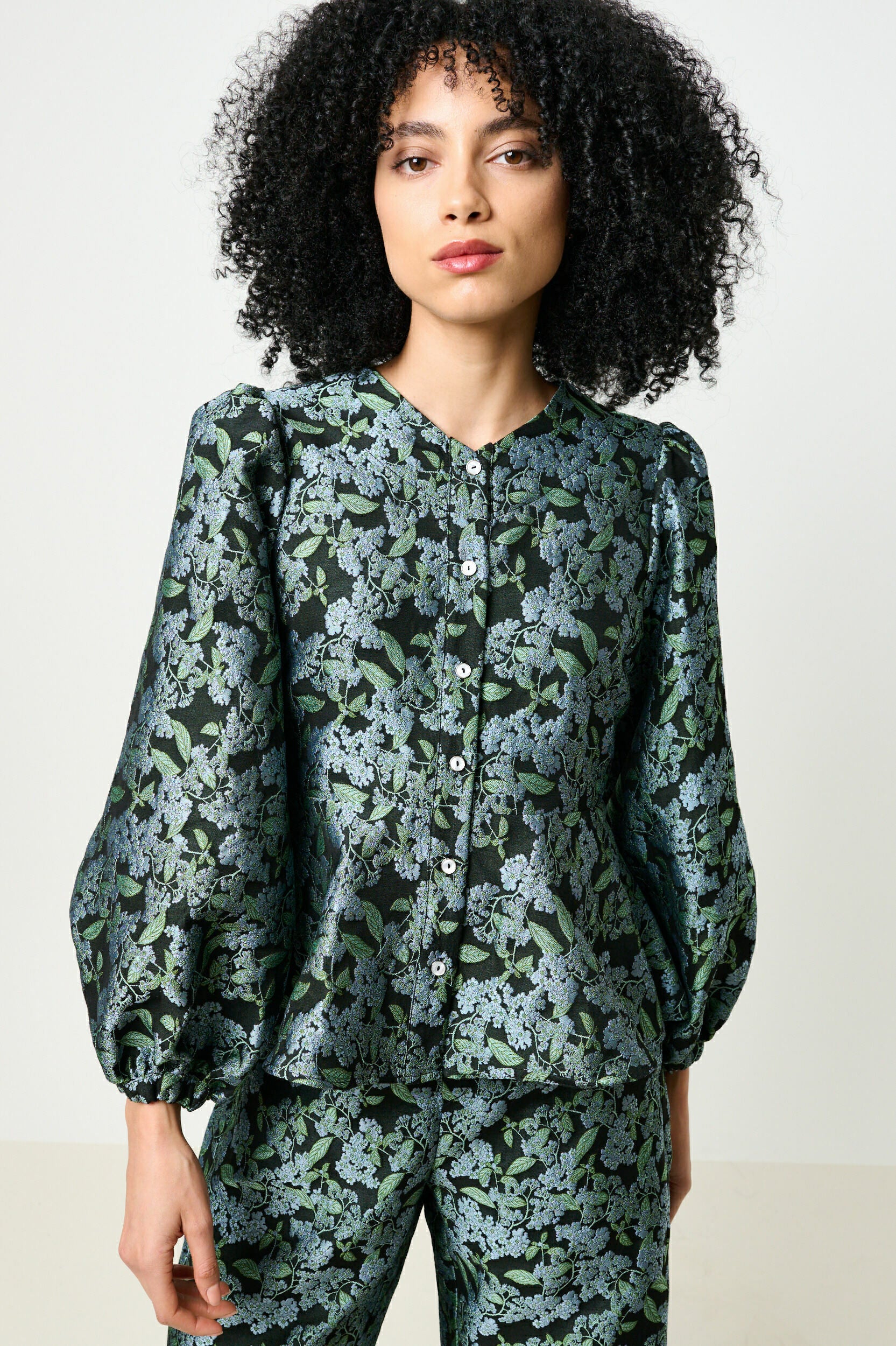 Clementine Blossom Jacquard Peplum Blouse