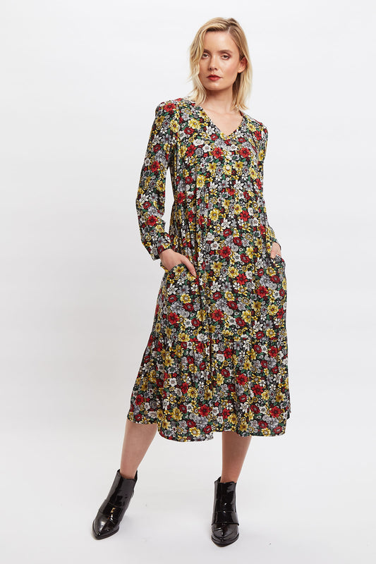 Louche Clio Woodland Walk Print V Neck Long Sleeve Tie Midi Dress