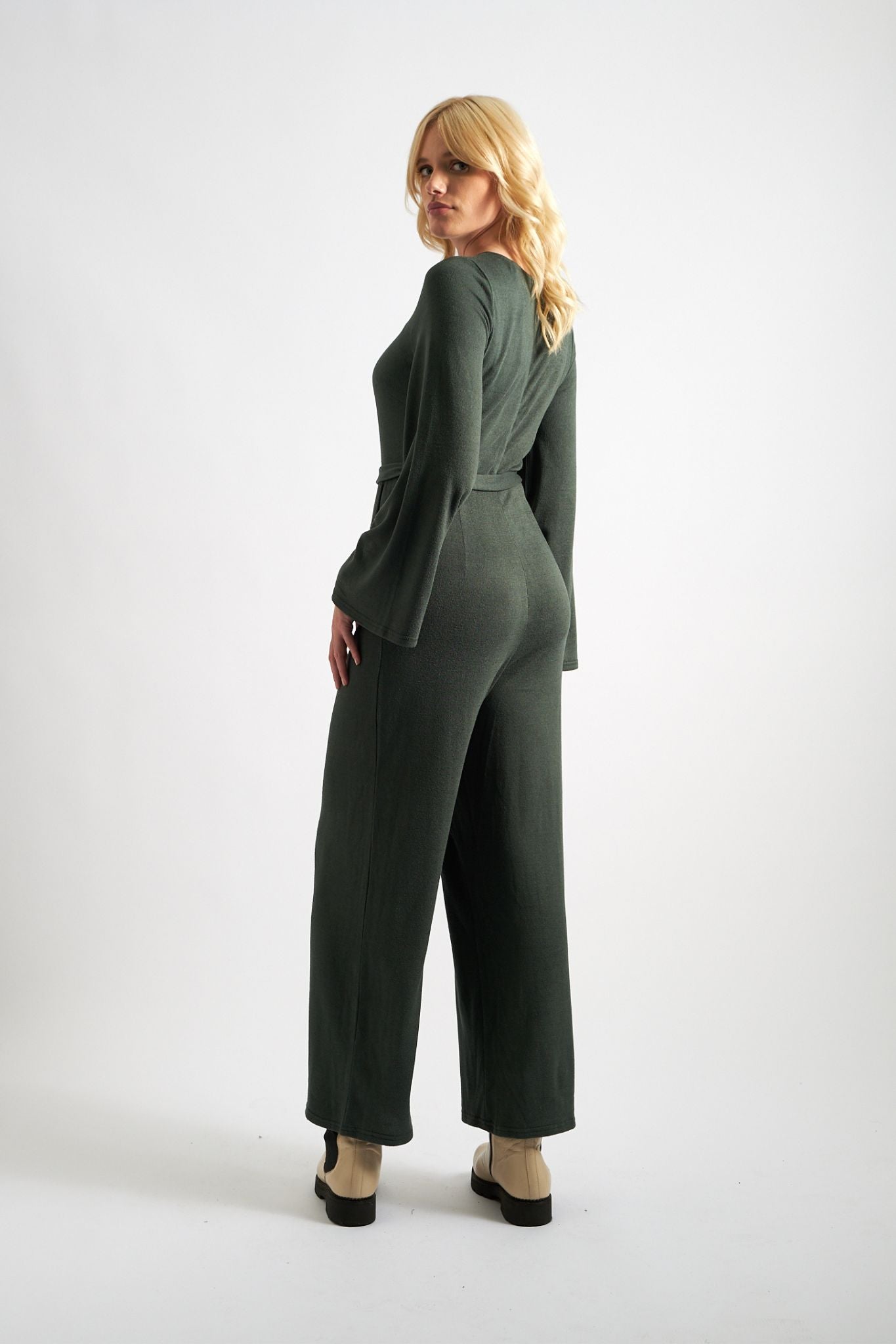 Coraline Brushed Marl Green V-Neck Jumpsuit