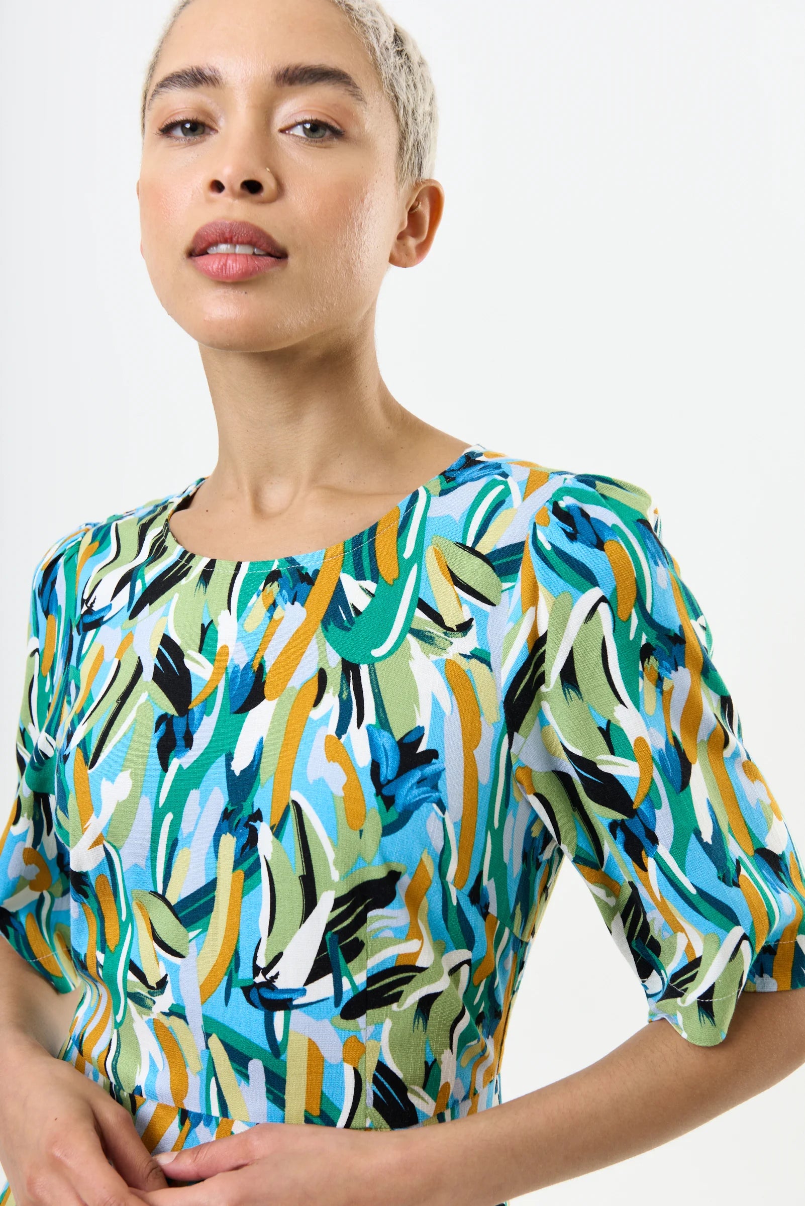 Corrine Brushstroke Print Short Sleeve Midi Dress - Green