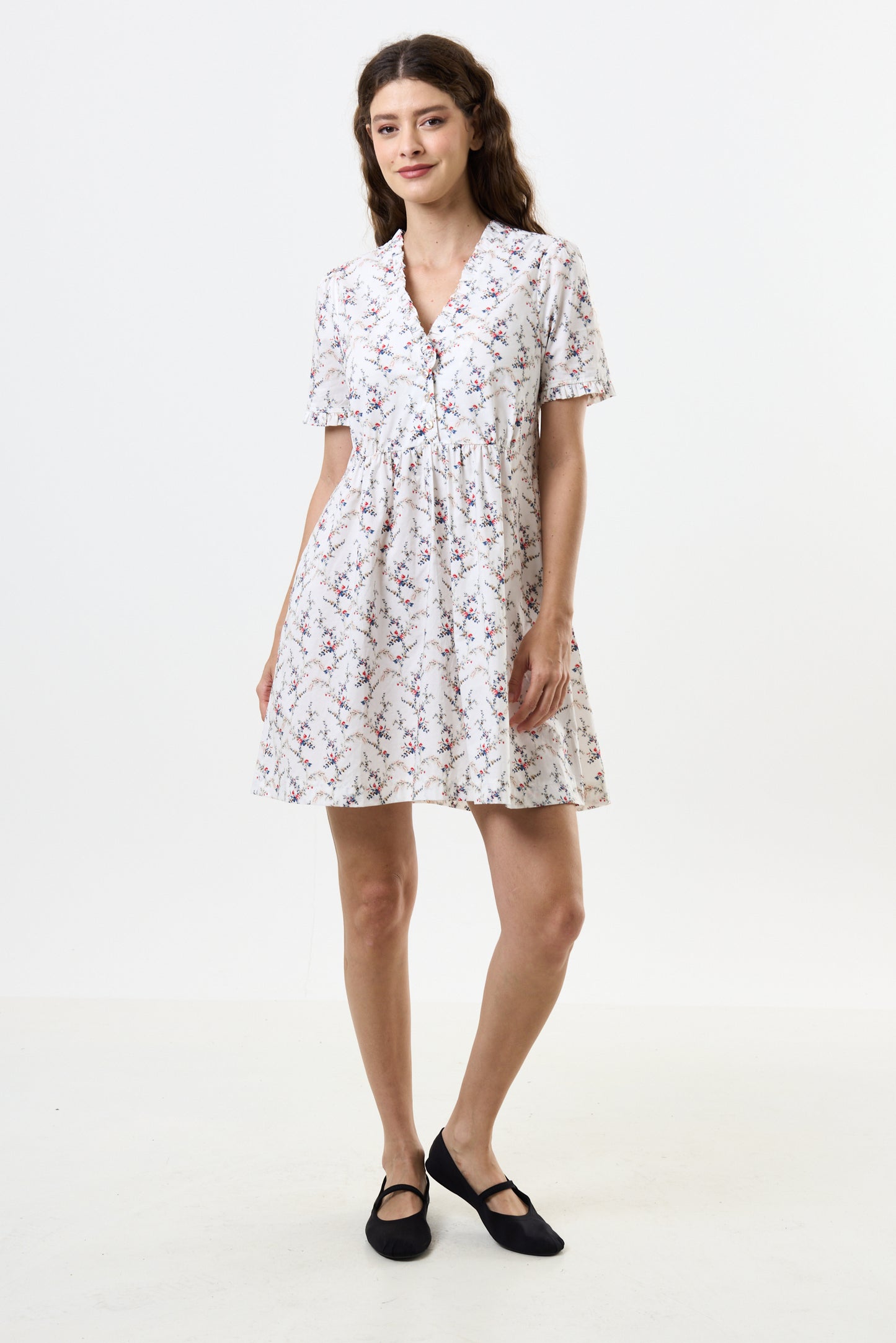 Cosima Regency Print Frill V-Neck Mini Dress