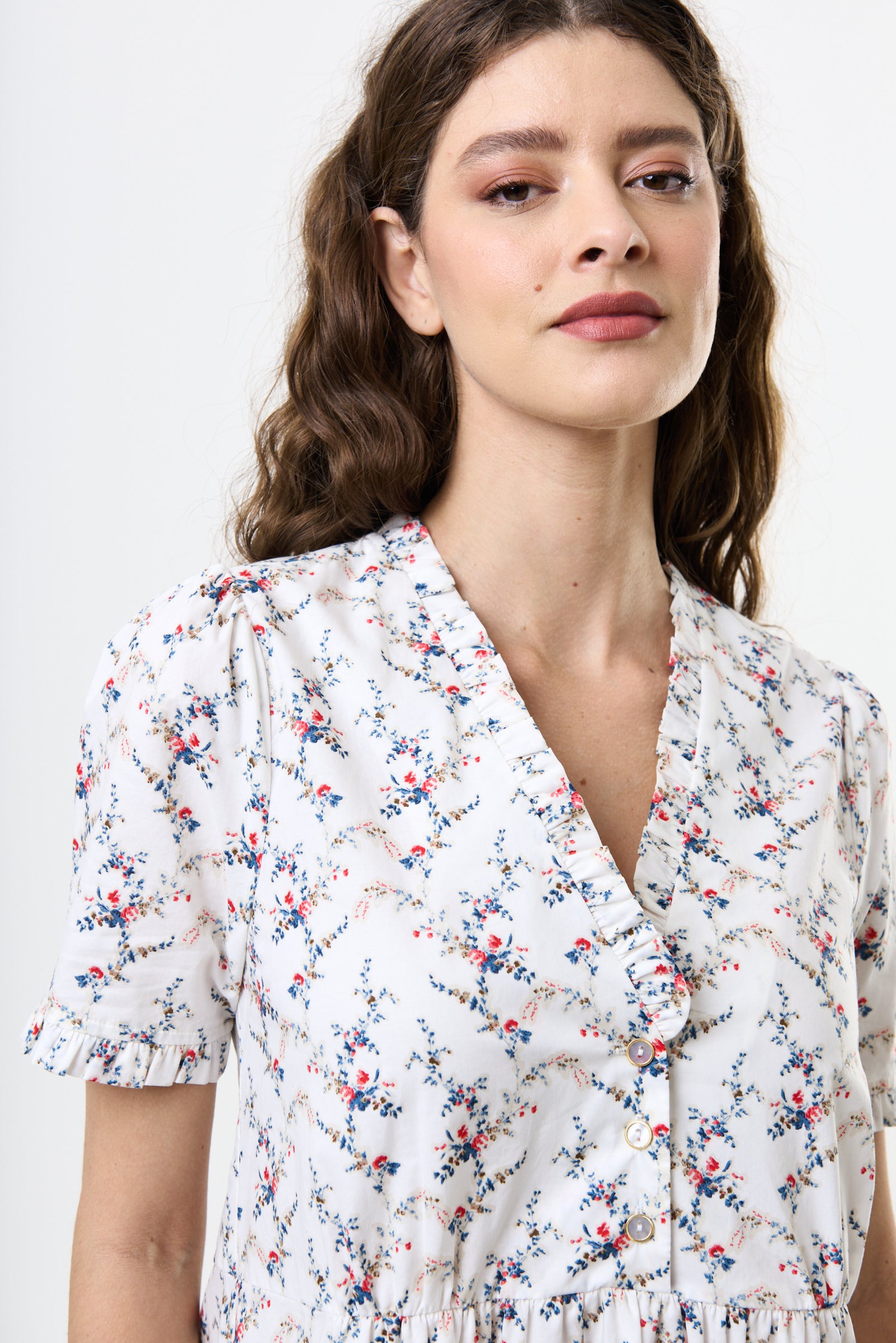 Cosima Regency Print Frill V-Neck Mini Dress