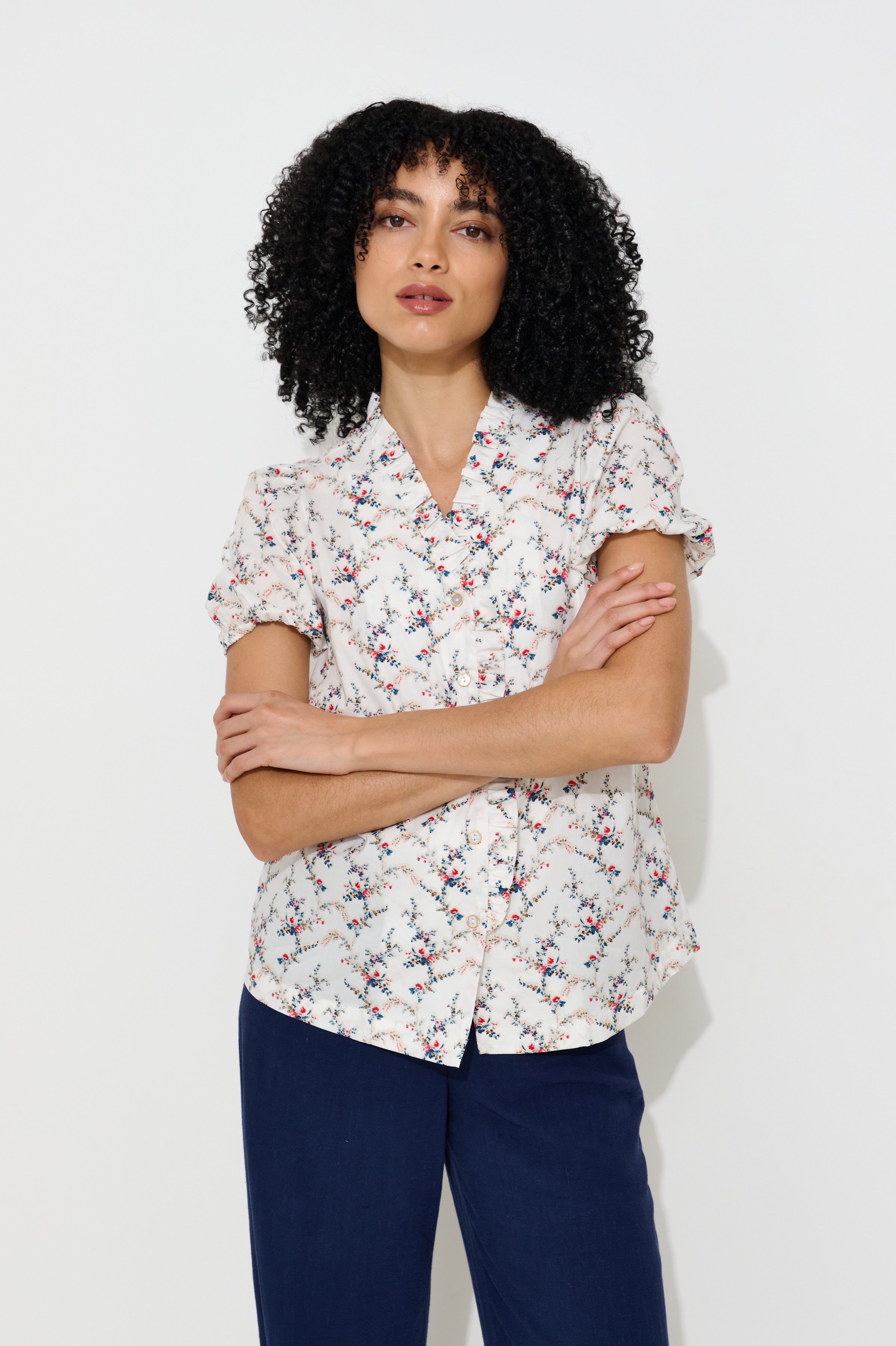 Cressida Regency Print Frill Trim V-Neck Blouse