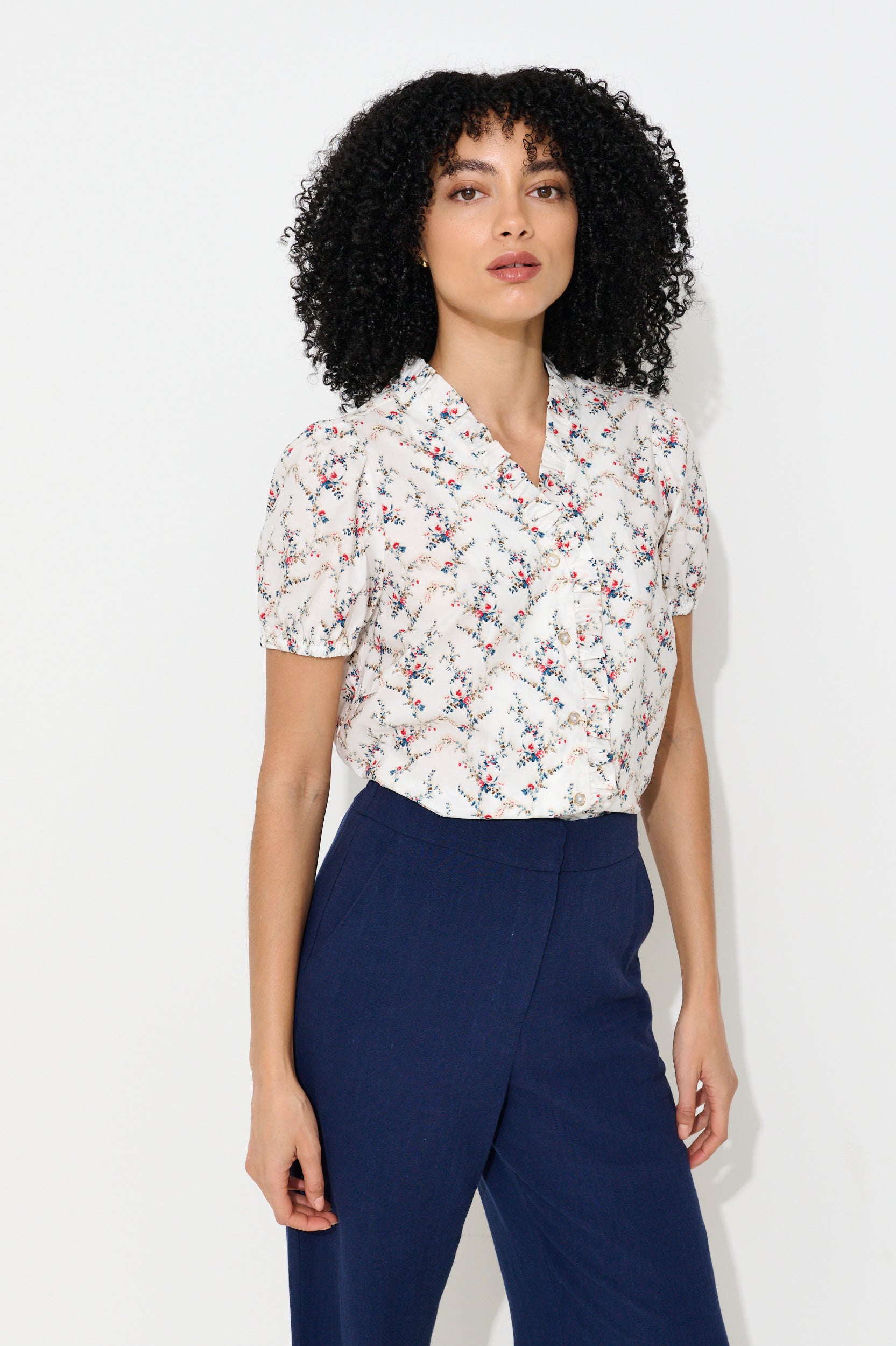 Cressida Regency Print Frill Trim V-Neck Blouse