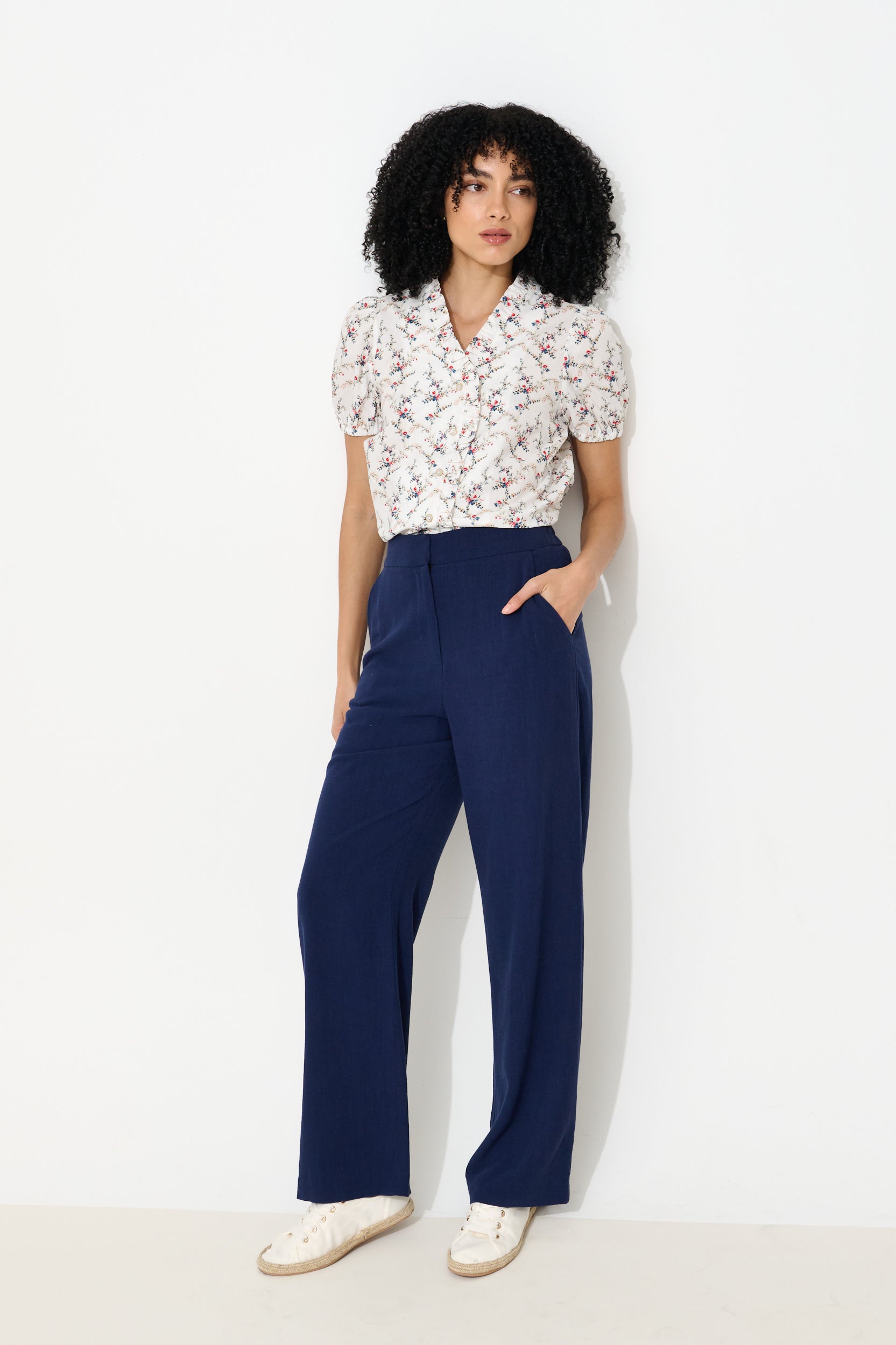Tilde Linen Mix Wide Leg Trousers - Navy