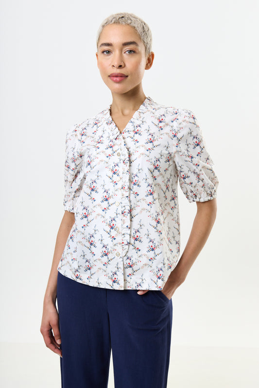 Cressida Regency Print Frill Trim V-Neck Blouse