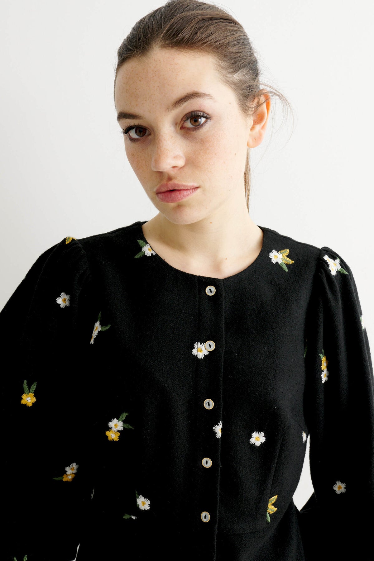 Clementine Daisy Tweed Long Sleeve Blouse – Black