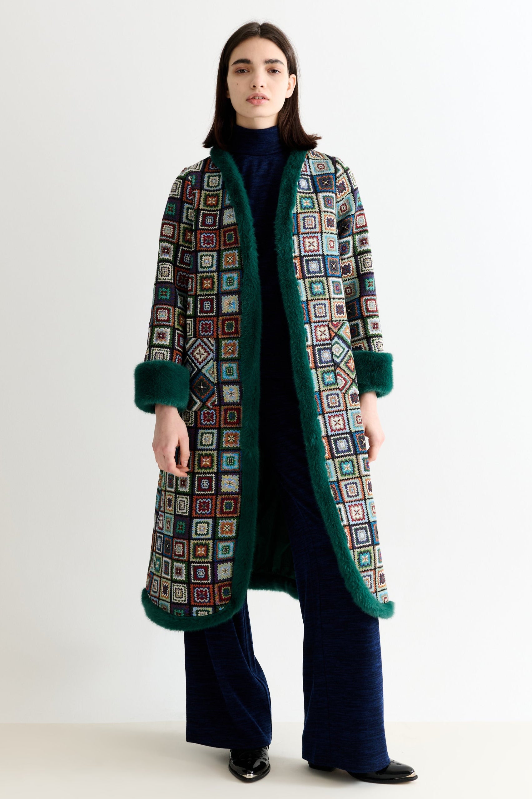 Delphia 70'S Patch Jacquard Fur Trim Coat