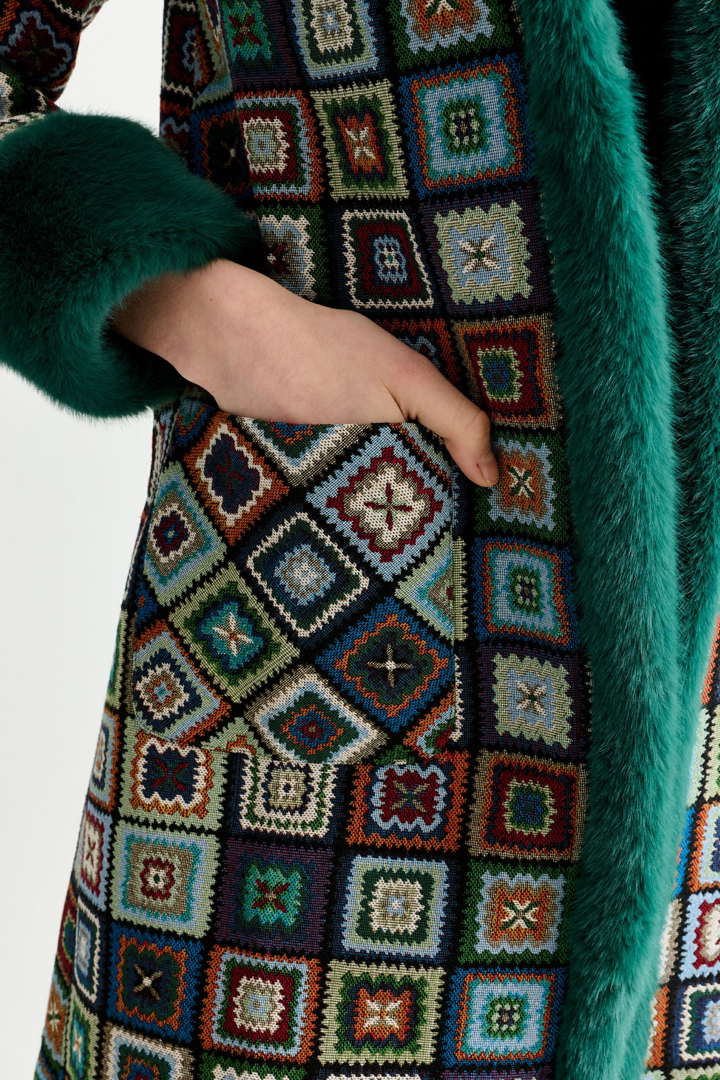 Delphia 70'S Patch Jacquard Fur Trim Coat
