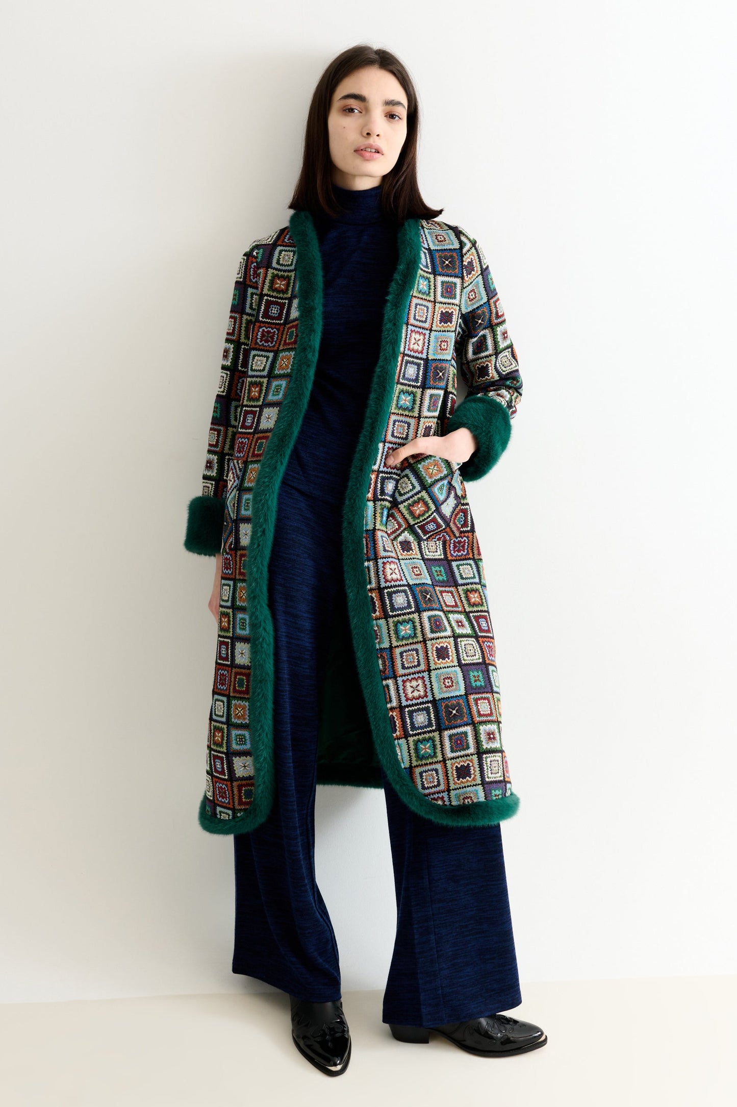Delphia 70'S Patch Jacquard Fur Trim Coat