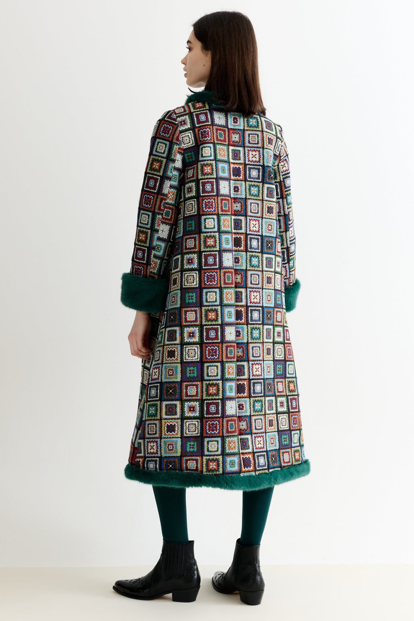Delphia 70'S Patch Jacquard Fur Trim Coat