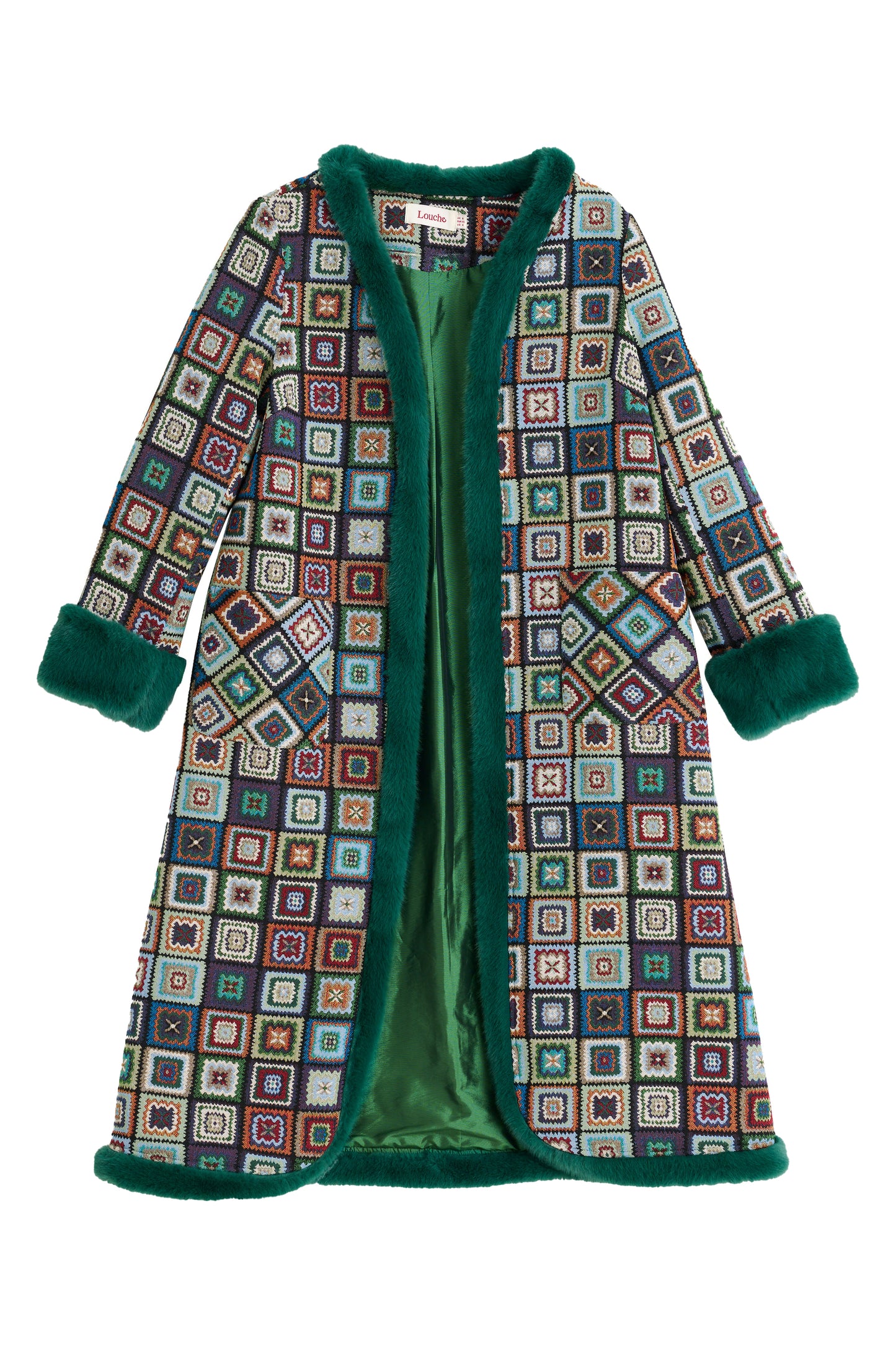 Delphia 70'S Patch Jacquard Fur Trim Coat