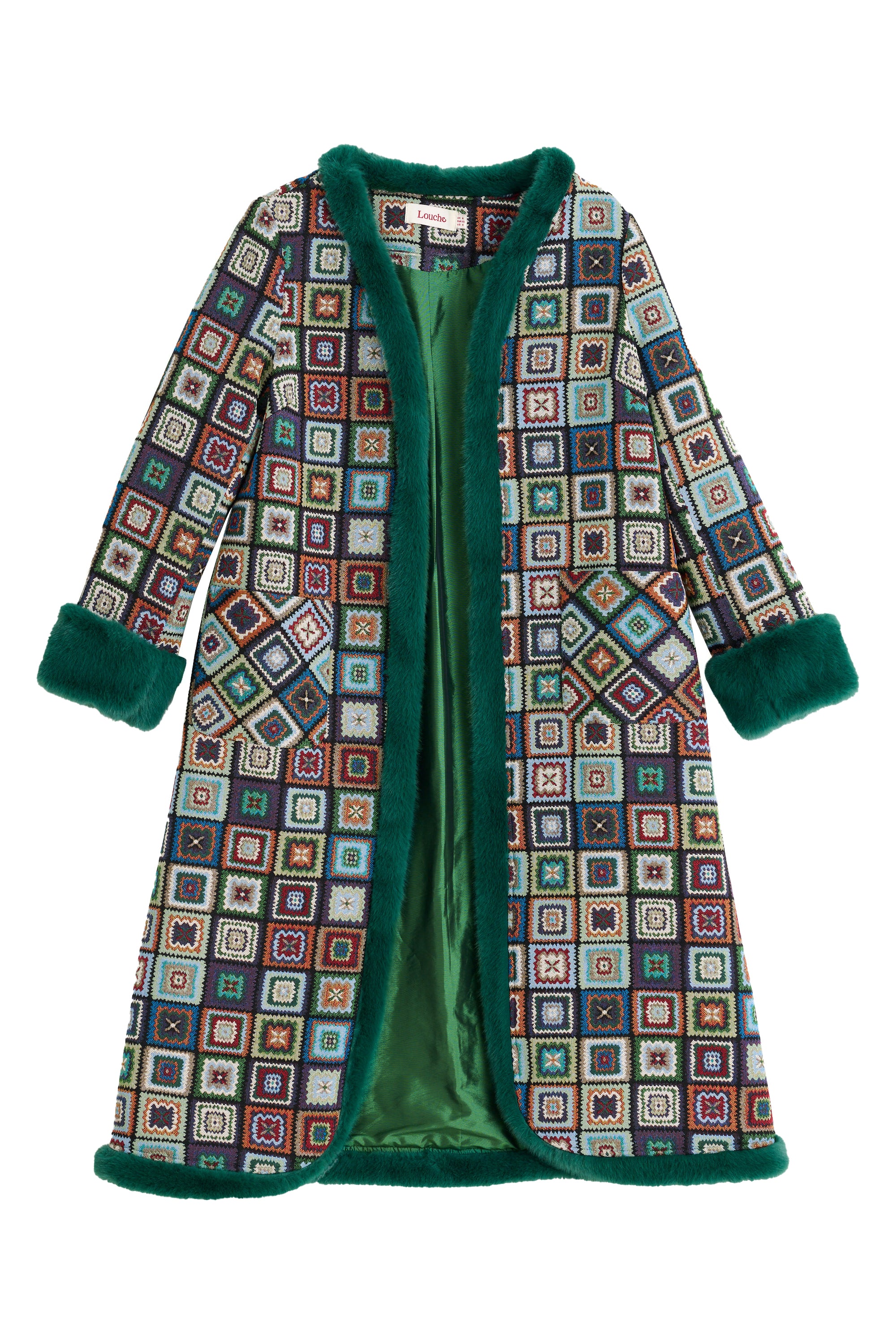 Delphia 70'S Patch Jacquard Fur Trim Coat - Styled