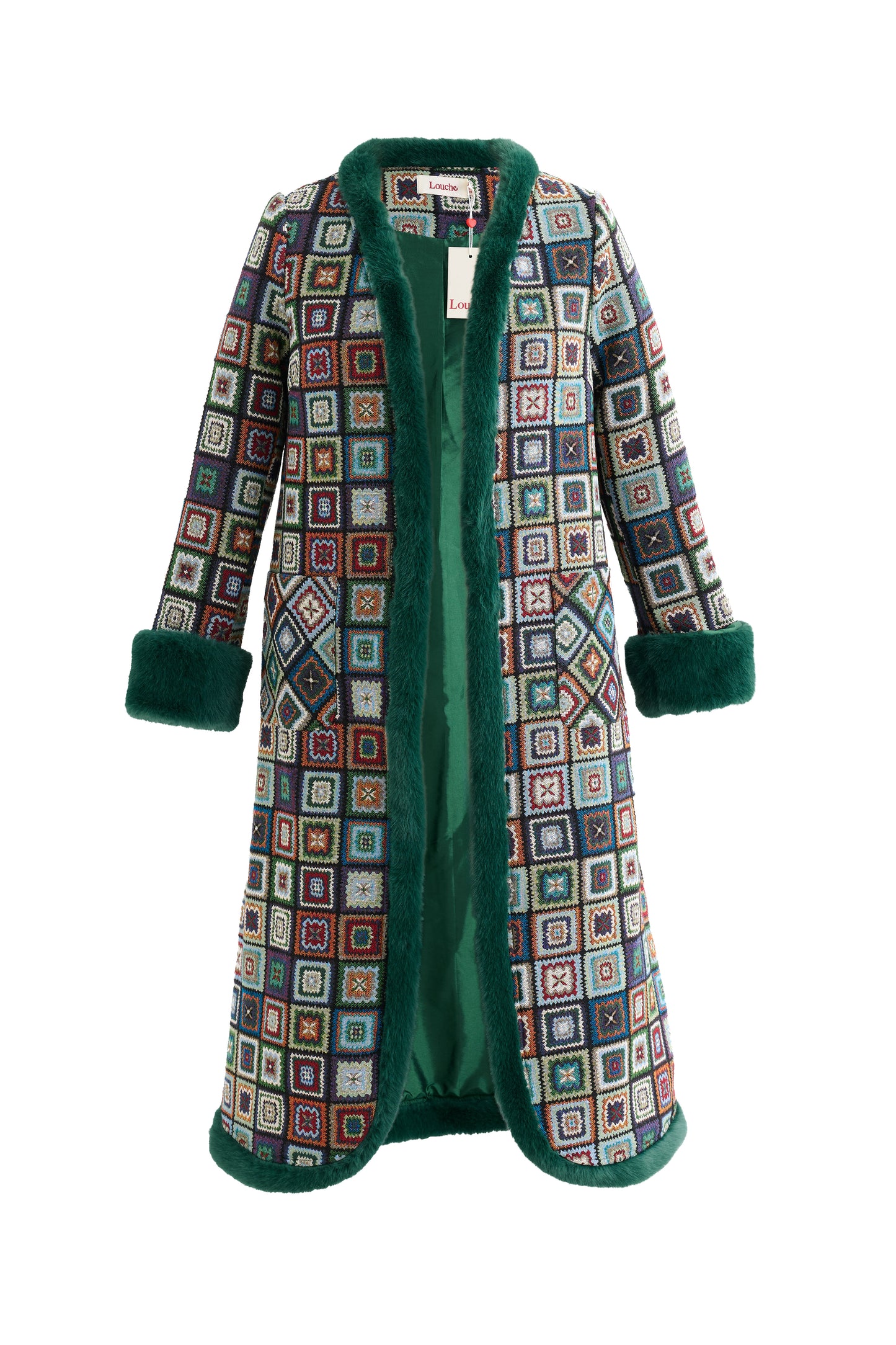 Delphia 70'S Patch Jacquard Fur Trim Coat