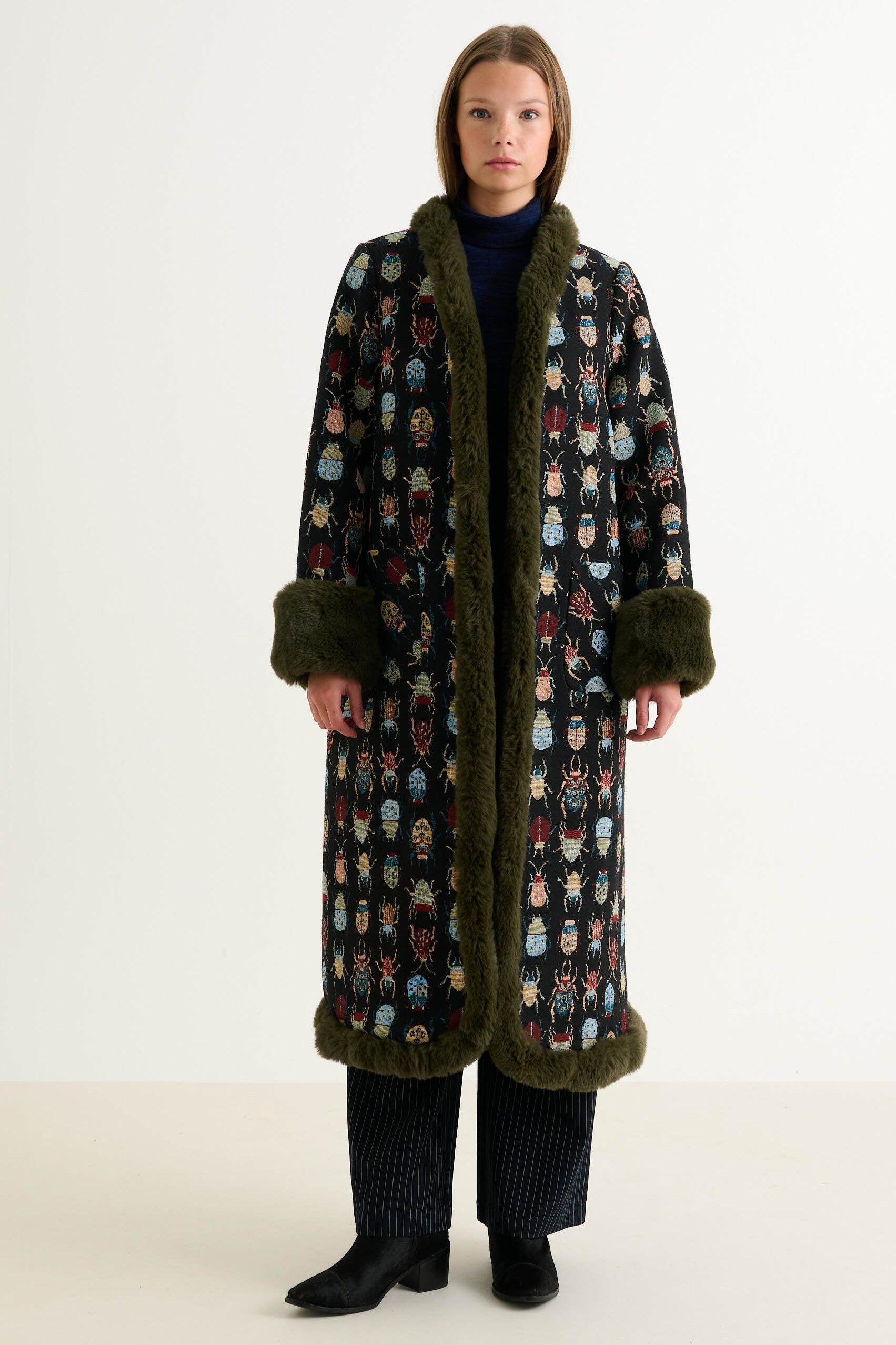 Delphia Beetlejuice Jacquard Fur Trim Coat