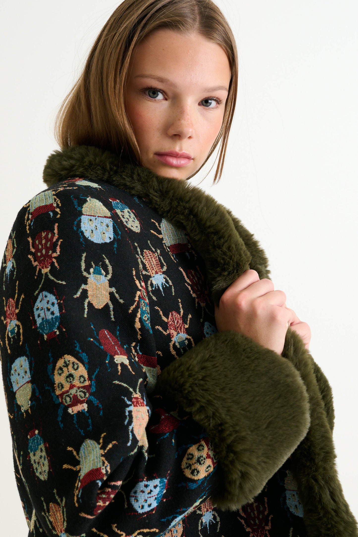 Delphia Beetlejuice Jacquard Fur Trim Coat