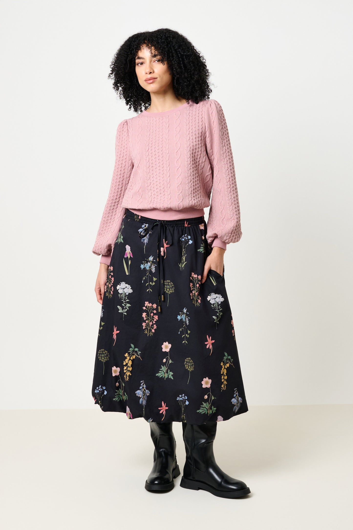 Dixie Flower Press Print Balloon Midi Skirt