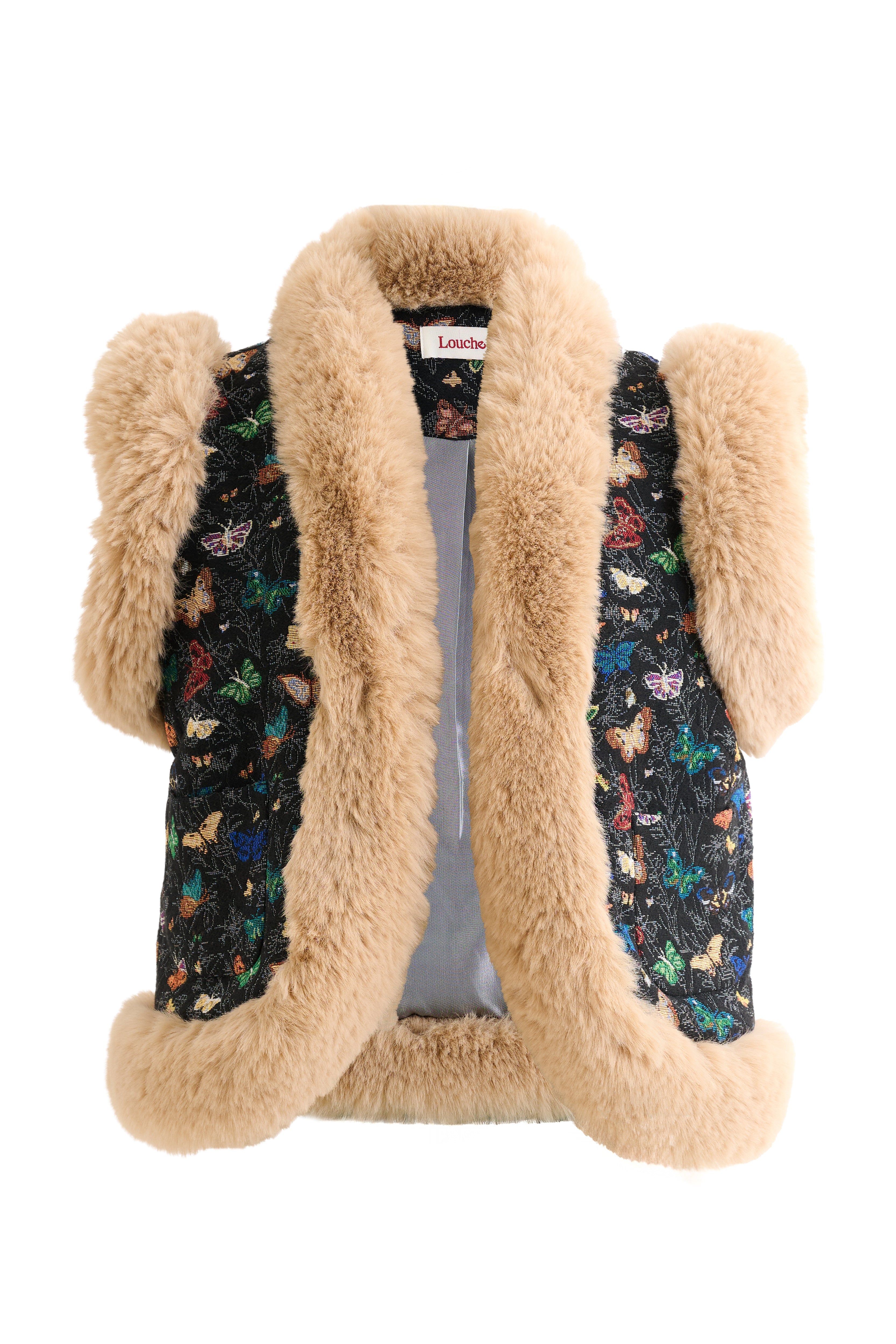 Dominica Butterfly Ball Jacquard Faux Fur Trimmed Waistcoat - Styled