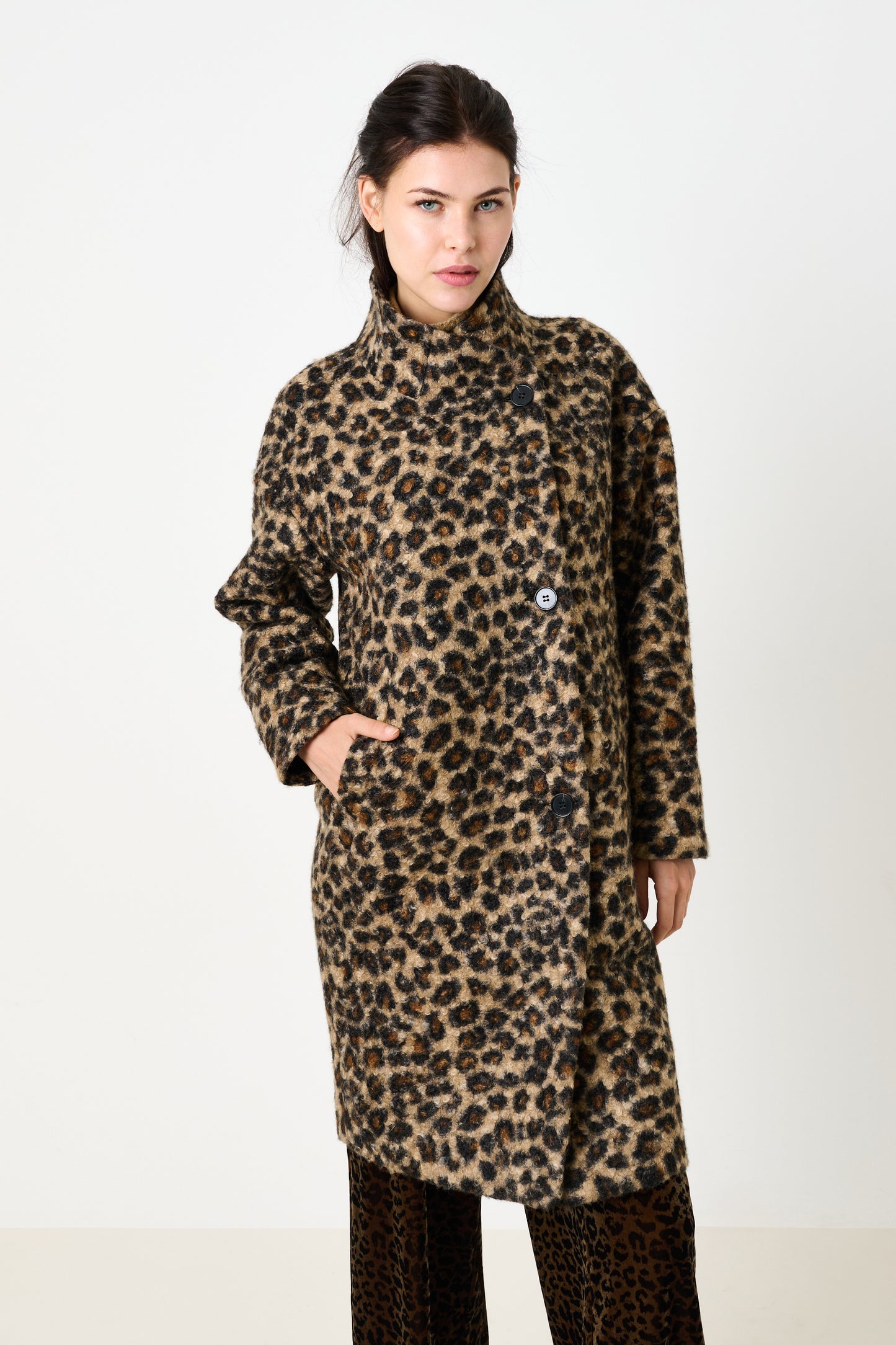 Donalda Animal Funnel Neck Coat - Taupe