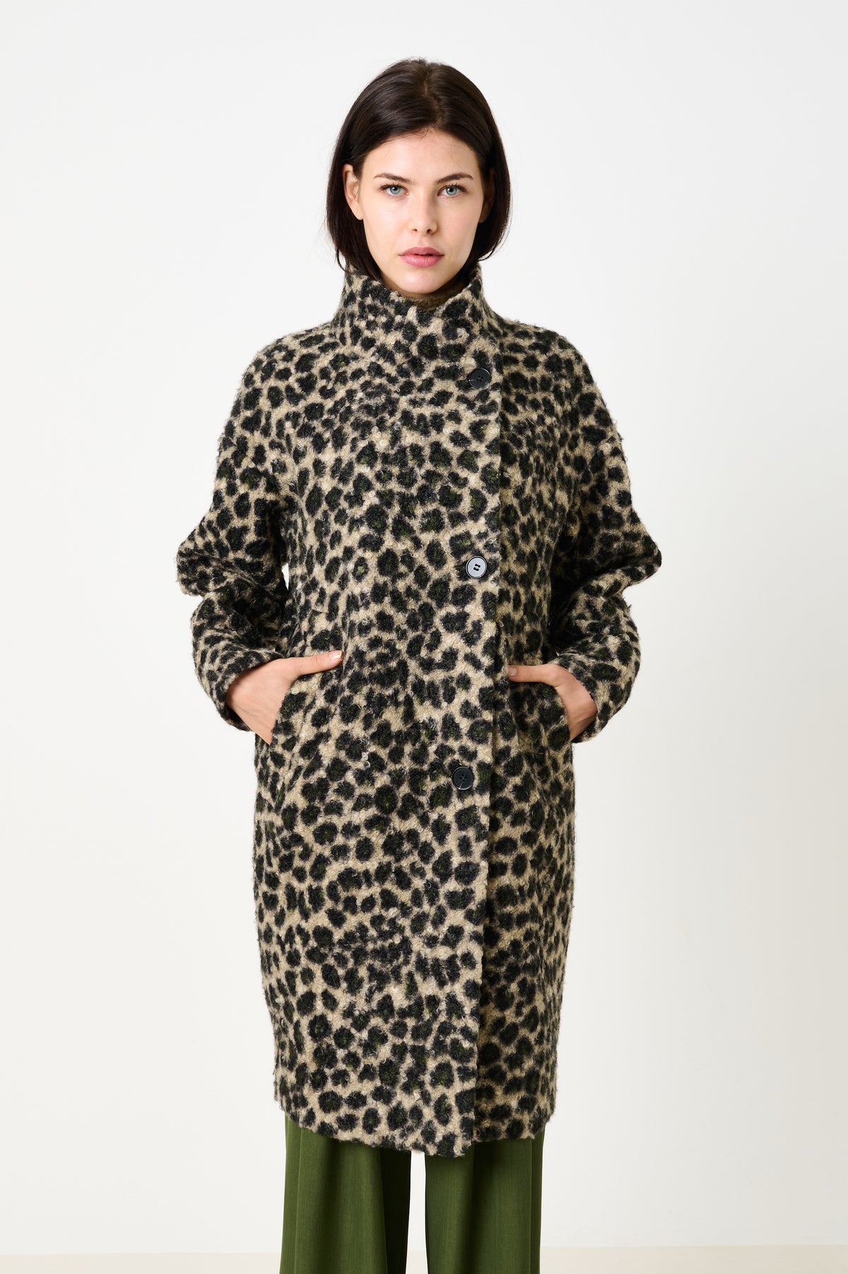 Donalda Animal Funnel Neck Coat - Green