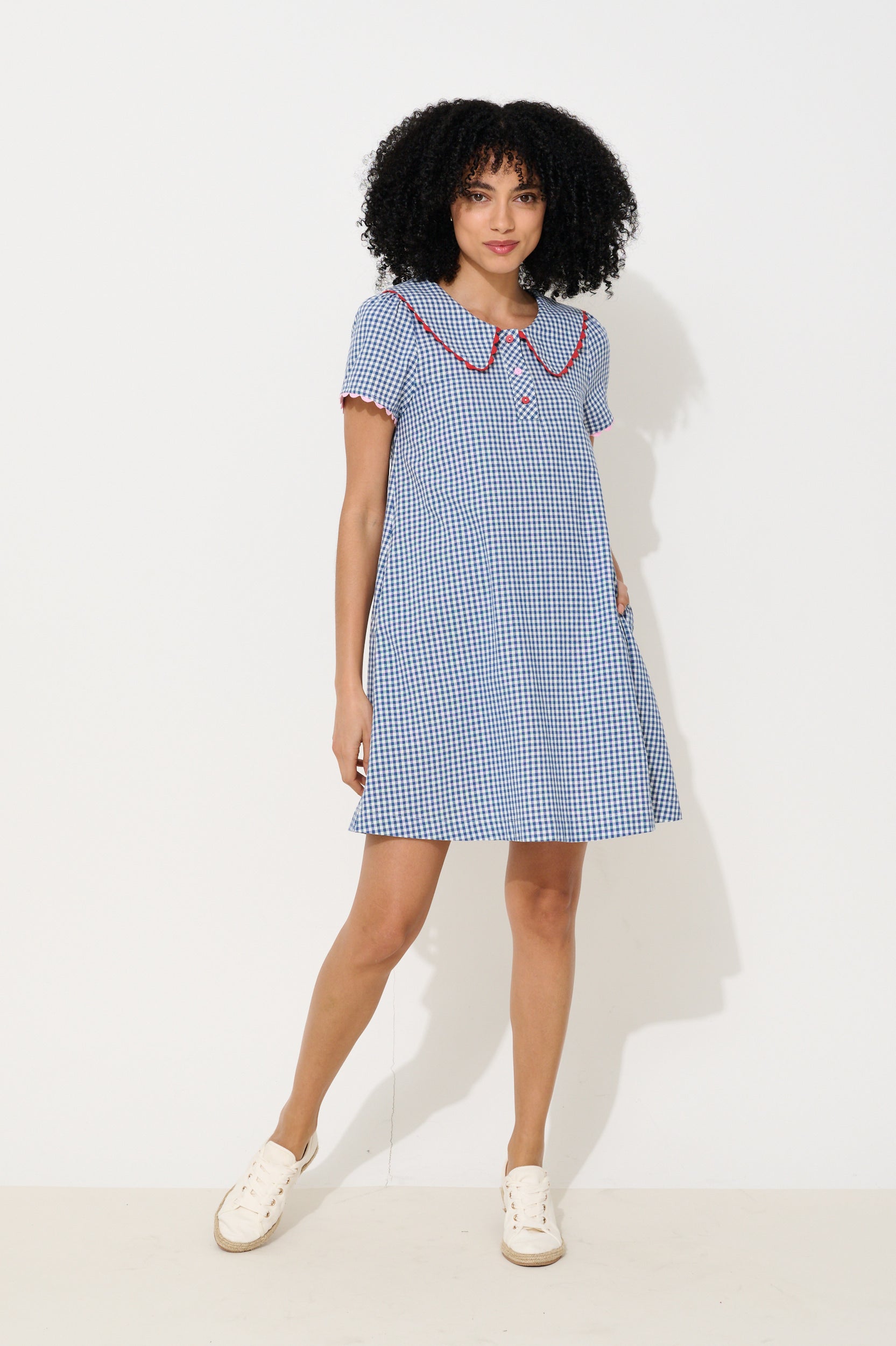 Dot Gingham Ric Rac Trim Statement Collar Mini Dress - Blue