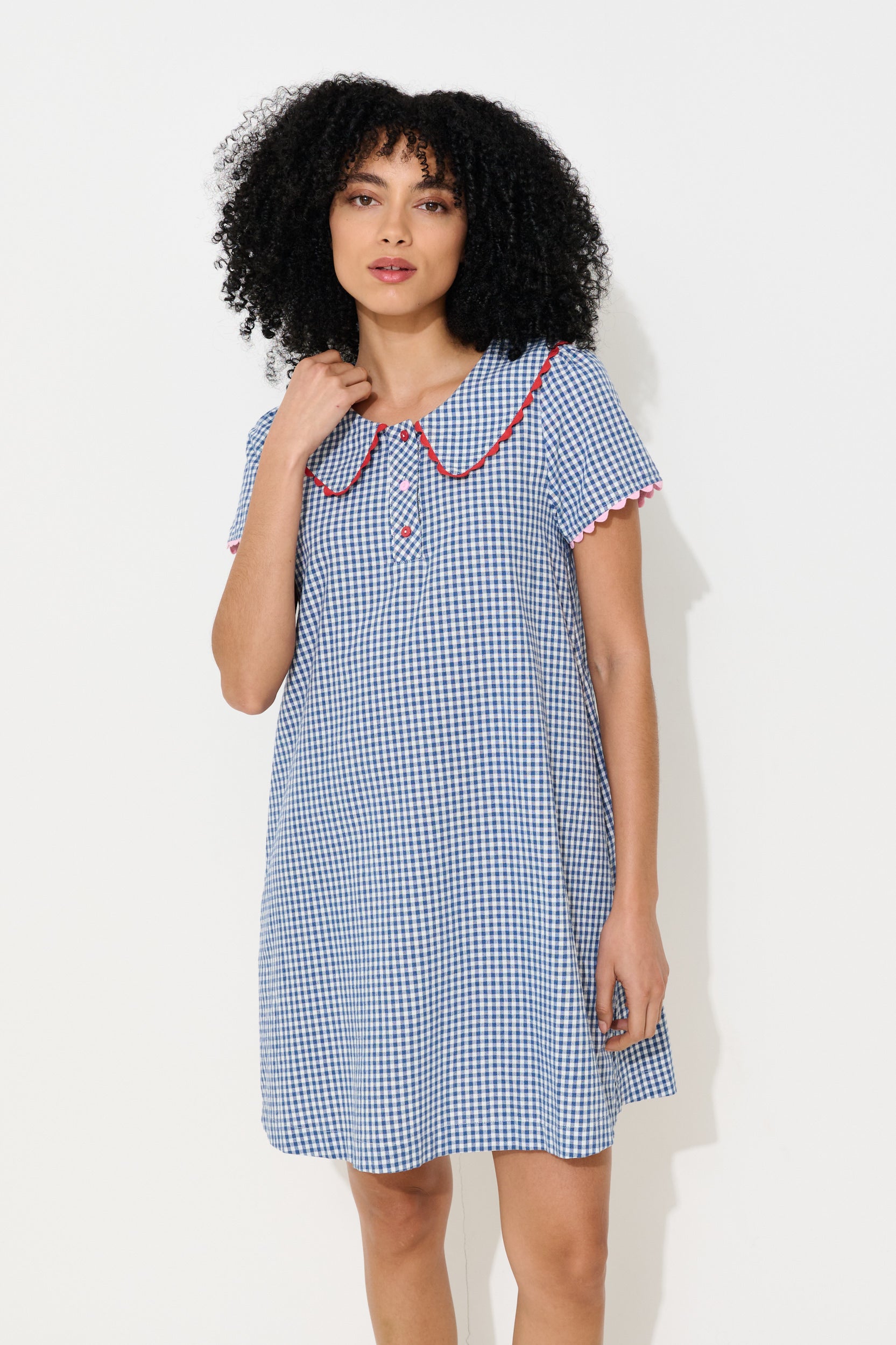 Dot Gingham Ric Rac Trim Statement Collar Mini Dress - Blue - Detail 2