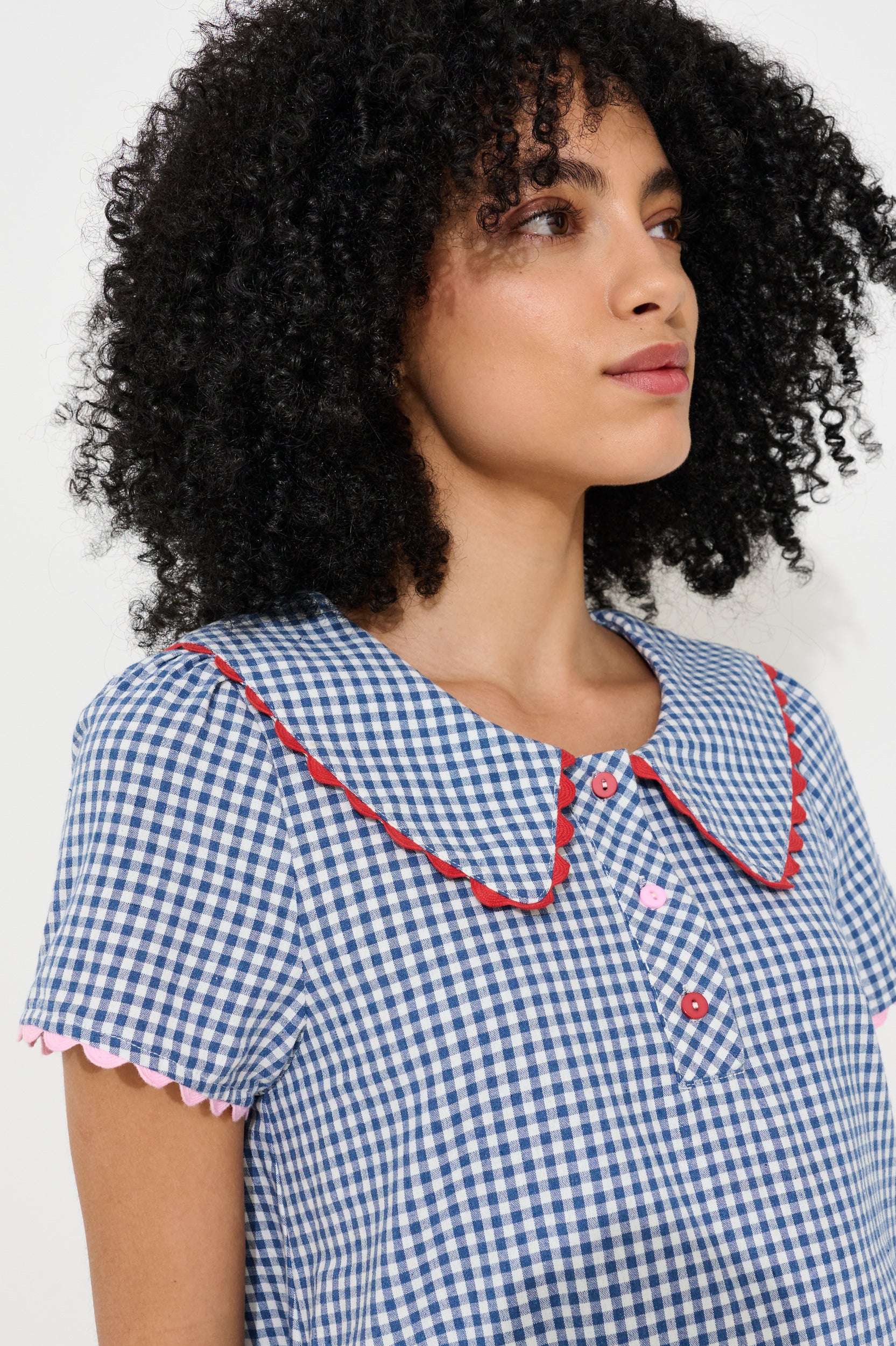 Dot Gingham Ric Rac Trim Statement Collar Mini Dress - Blue - Detail 1