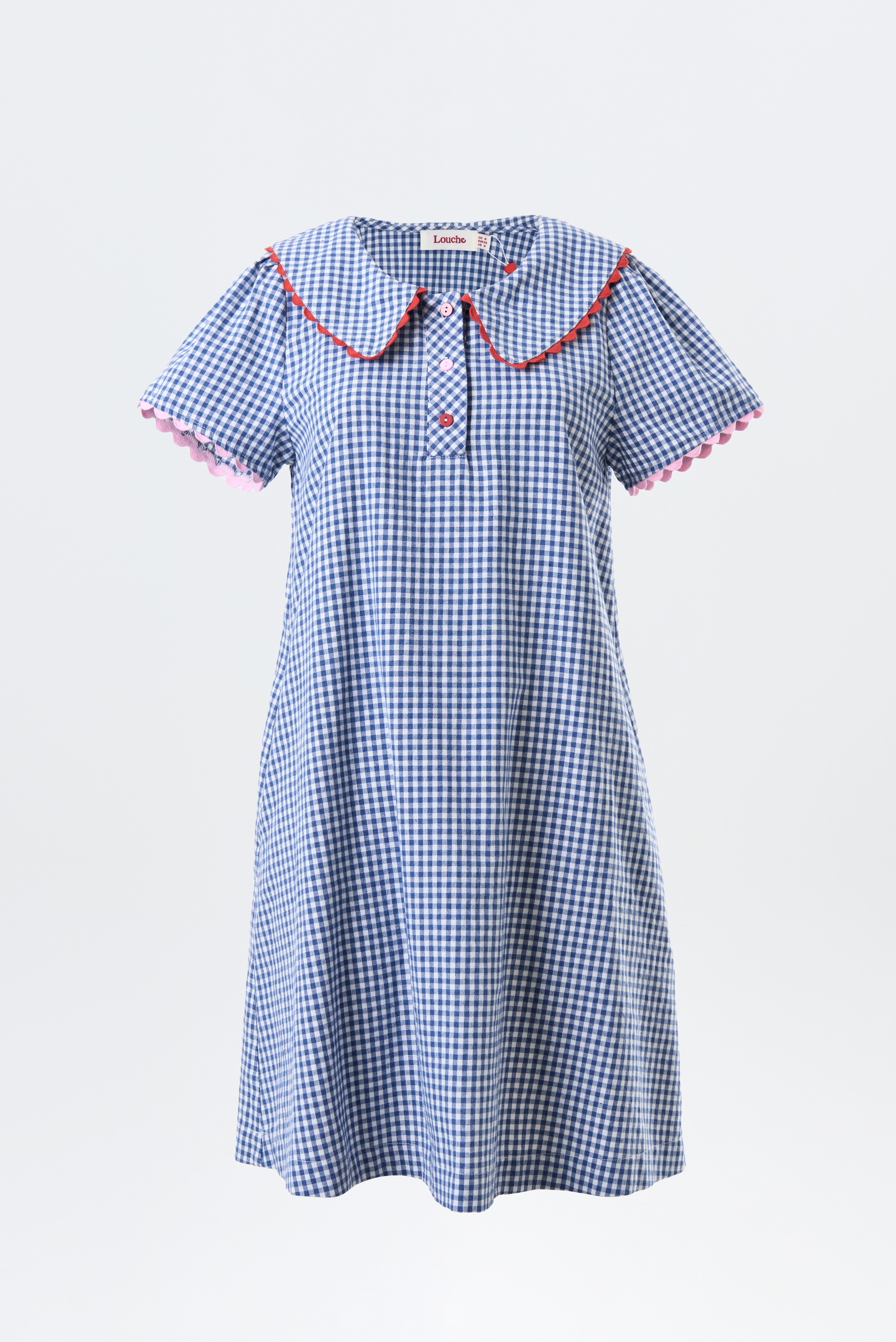 Dot Gingham Ric Rac Trim Statement Collar Mini Dress - Blue - Styled