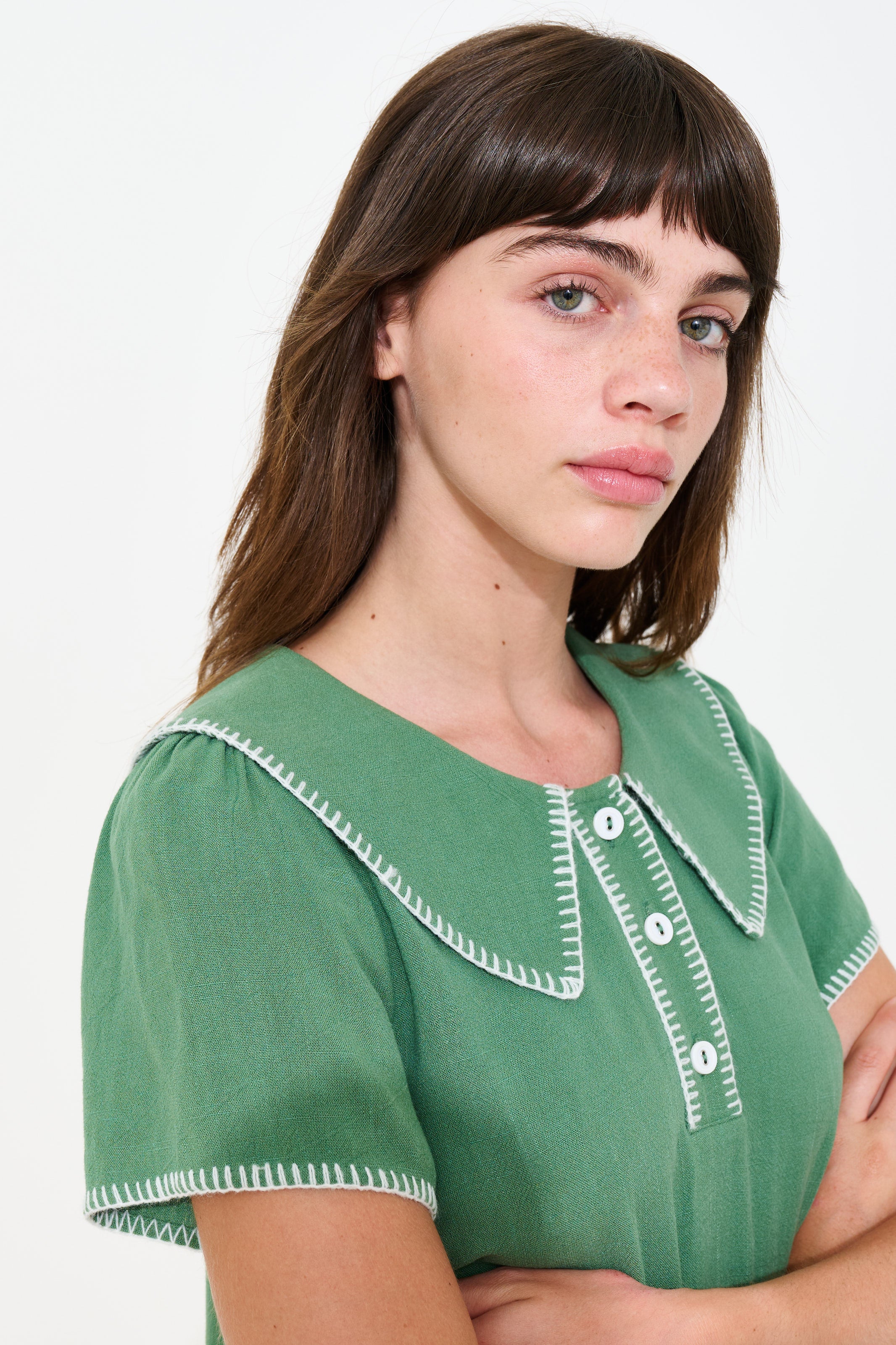 Dot Blanket Stitch A-Line Mini Dress - Green