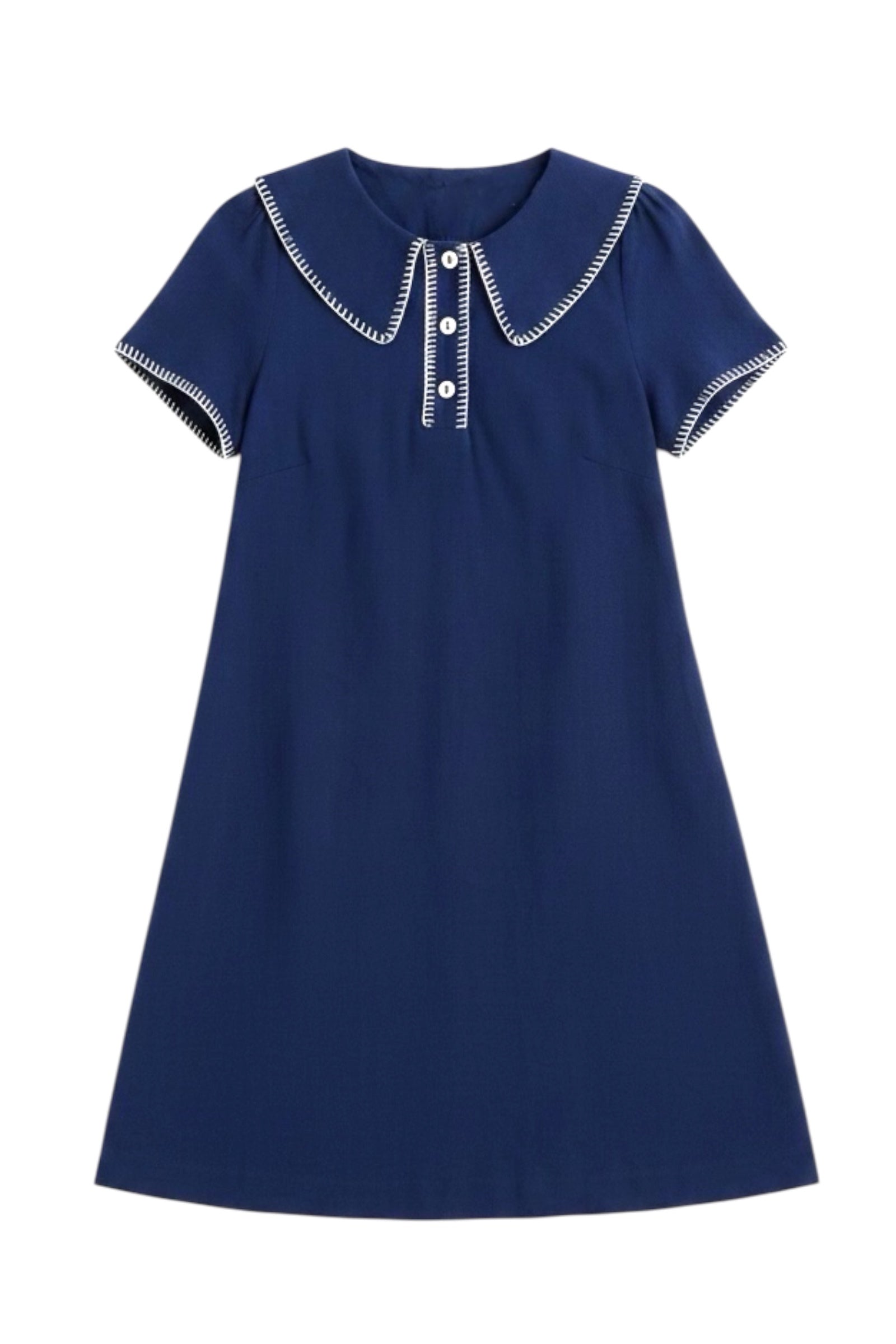 Navy blue dress with white trim on a white background