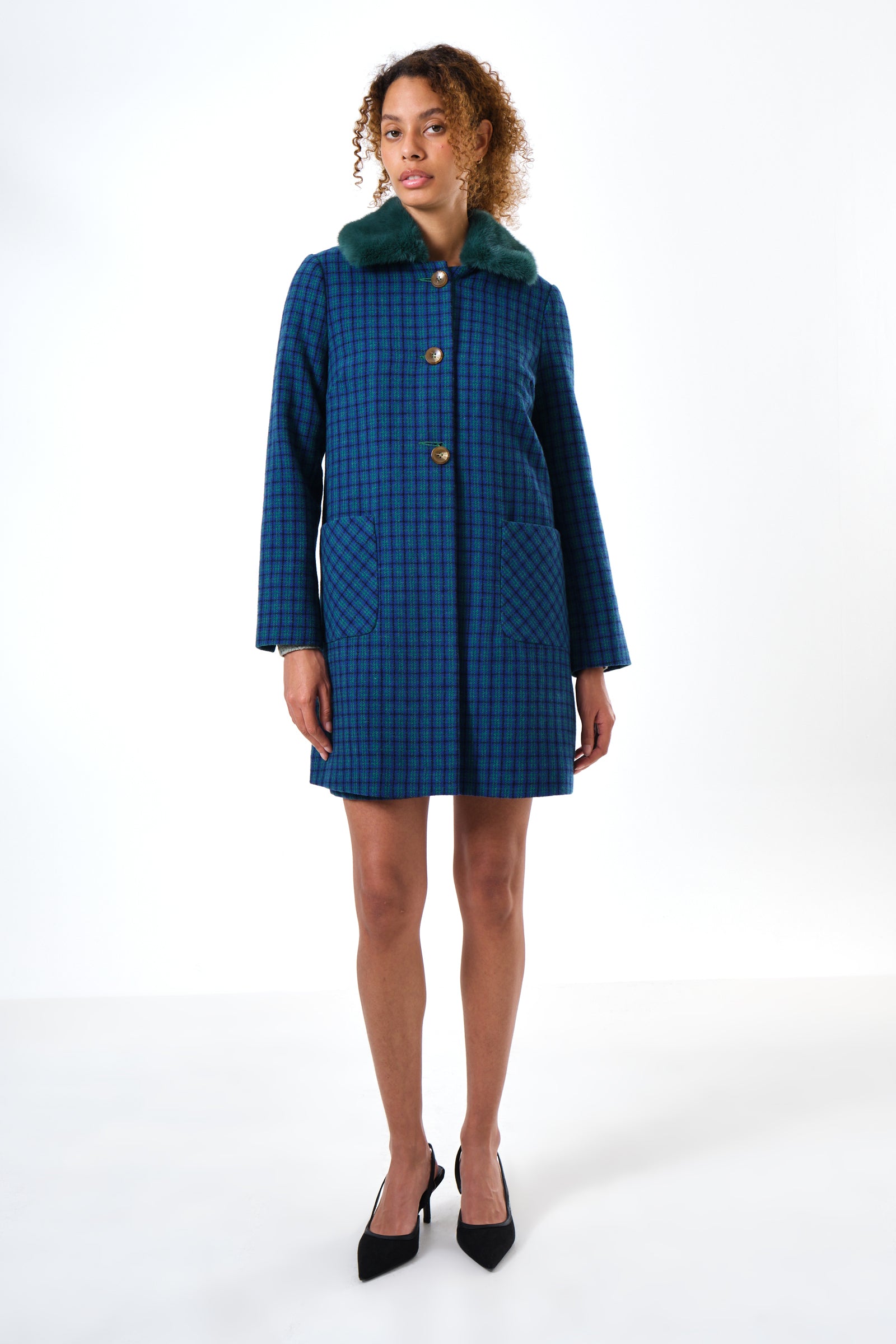 Dryden Wyoming Check Faux Fur Collar Coat - Blue - Detail 4