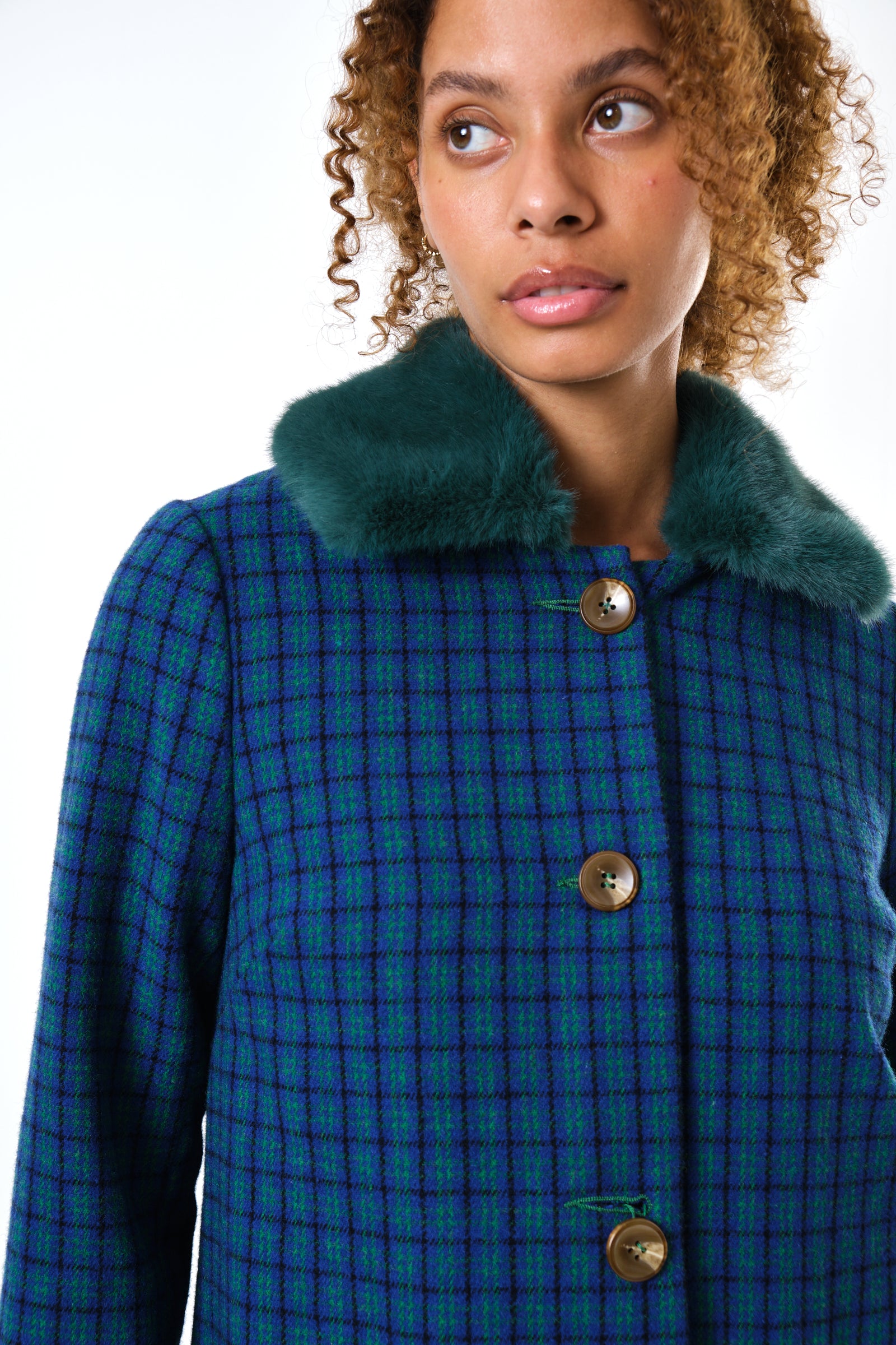 Dryden Wyoming Check Faux Fur Collar Coat - Blue - Detail 3