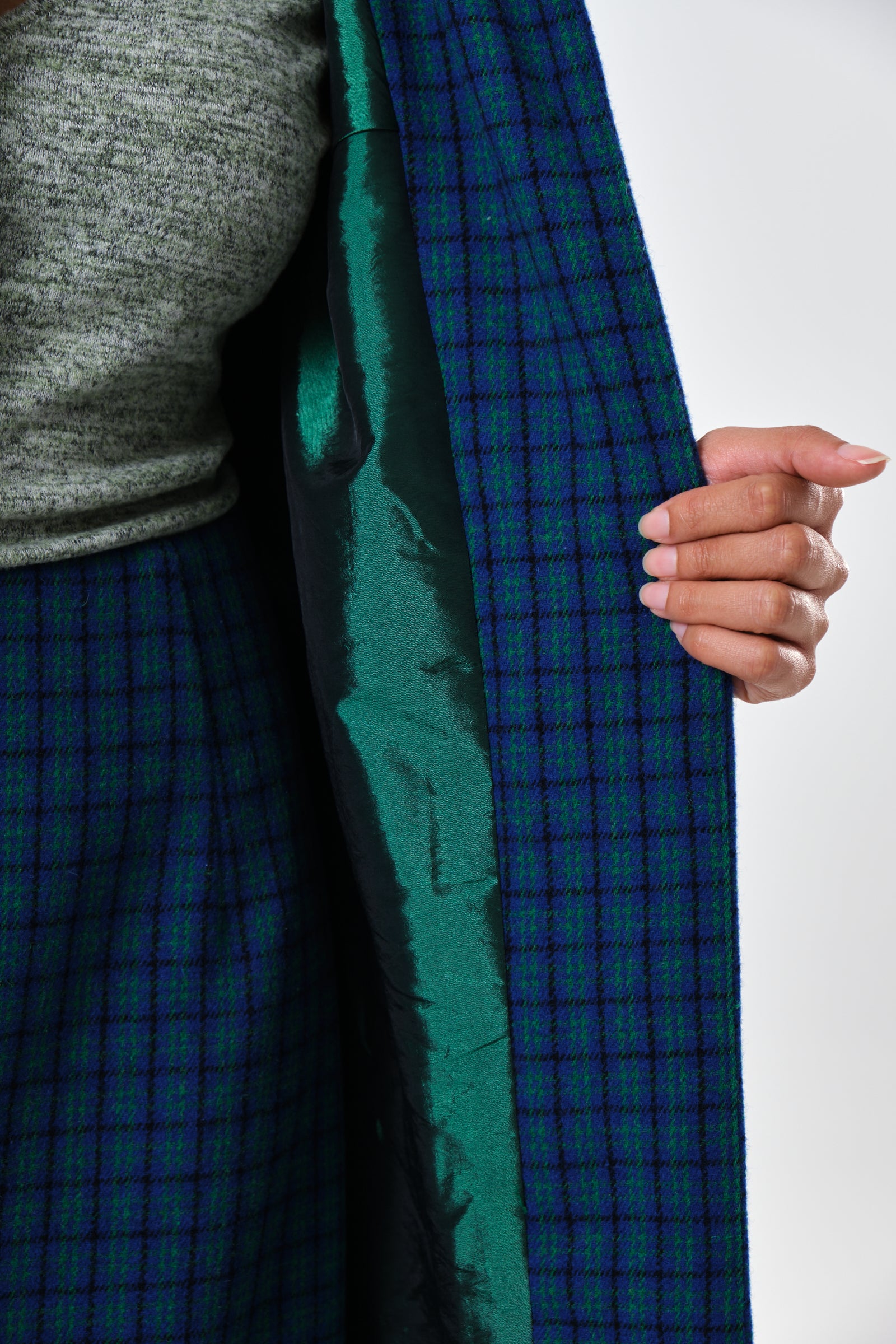 Dryden Wyoming Check Faux Fur Collar Coat - Blue - Detail 1