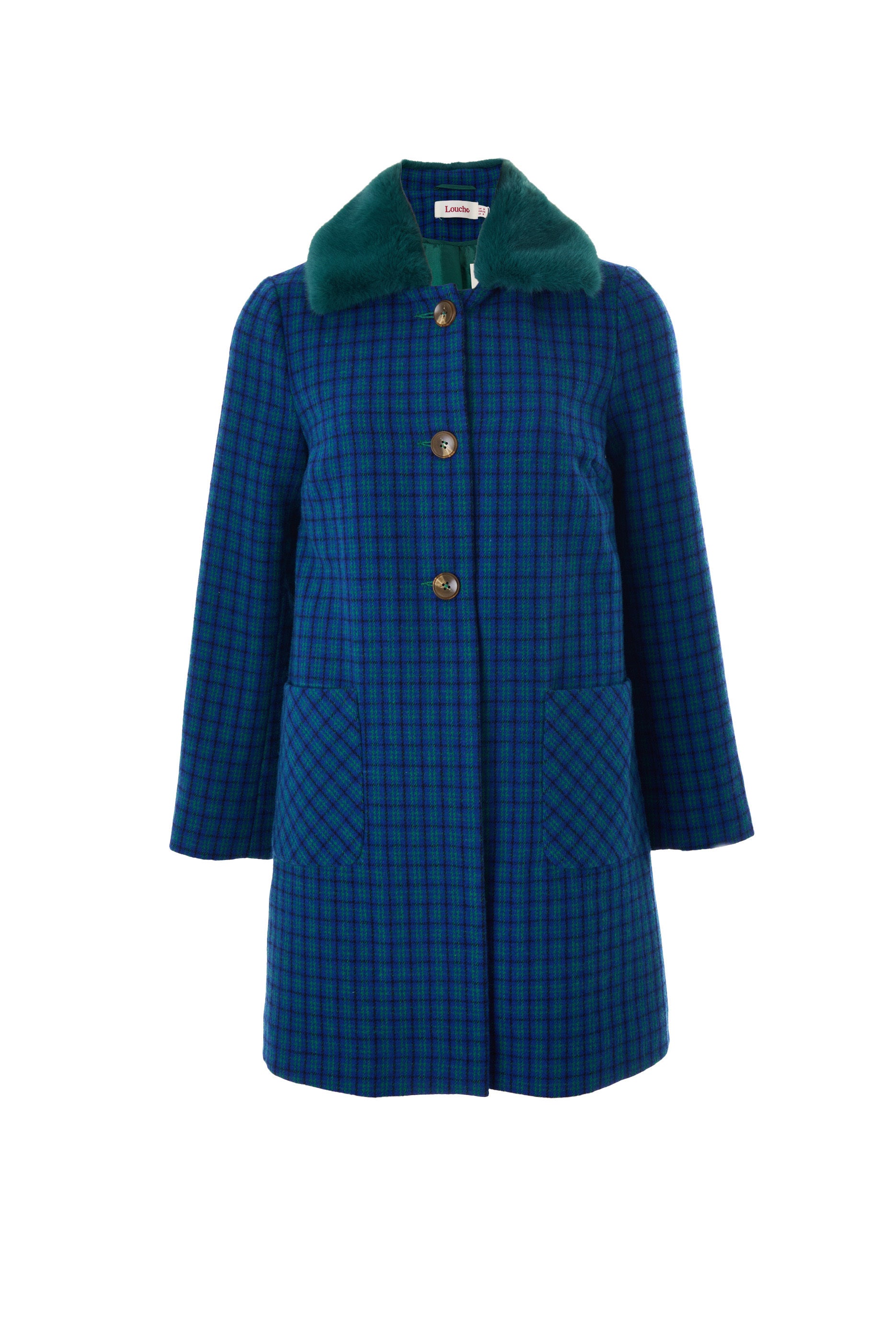 Dryden Wyoming Check Faux Fur Collar Coat - Blue - Styled