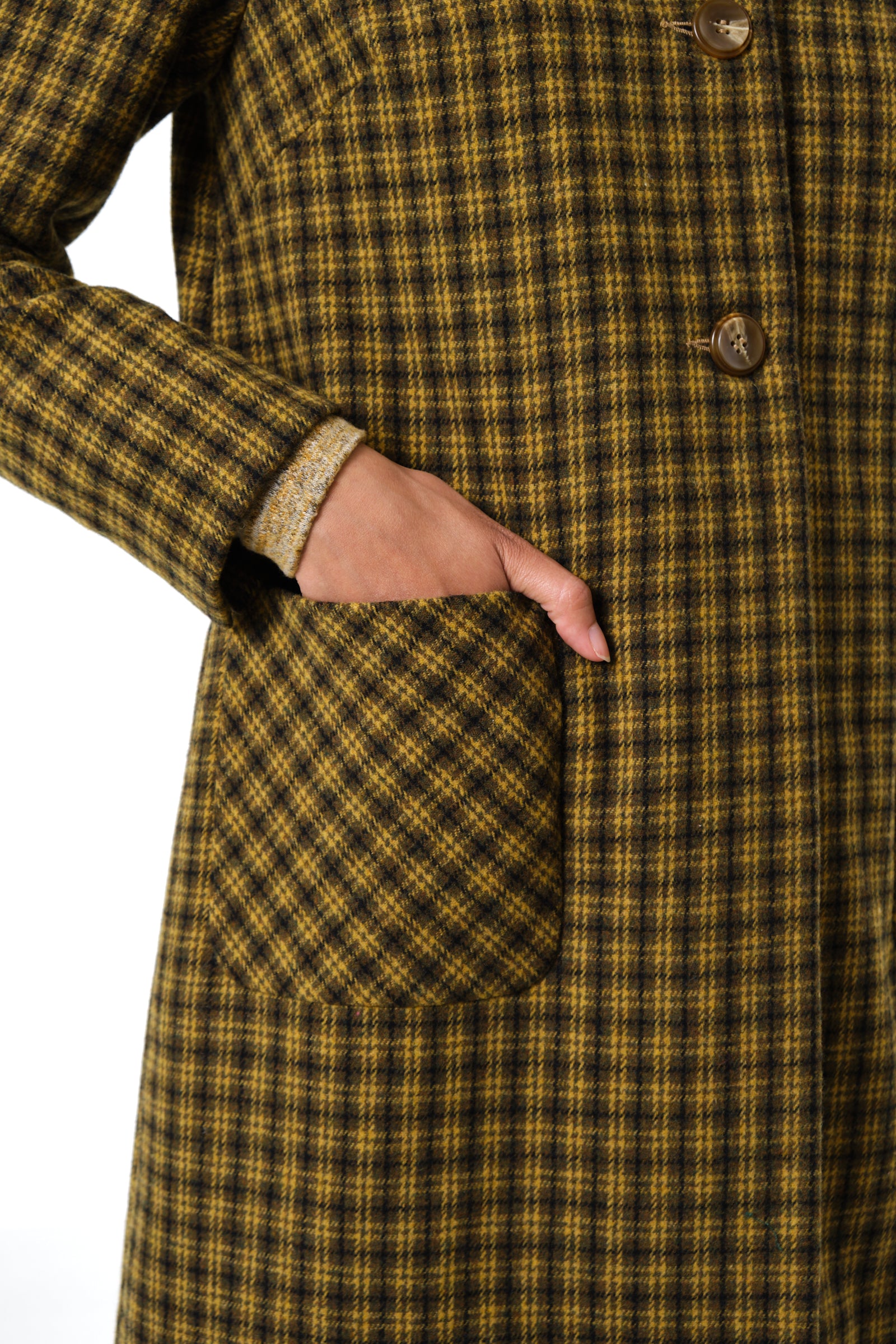 Dryden Wyoming Check Faux Fur Collar Coat - Mustard - Detail 1