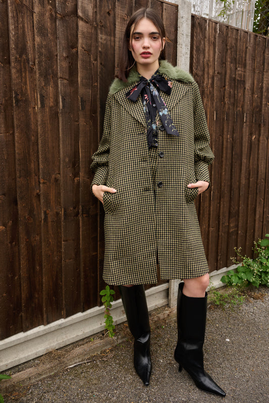 Mischa Burray Fur Collar Statement Sleeve Check Coat - Fern