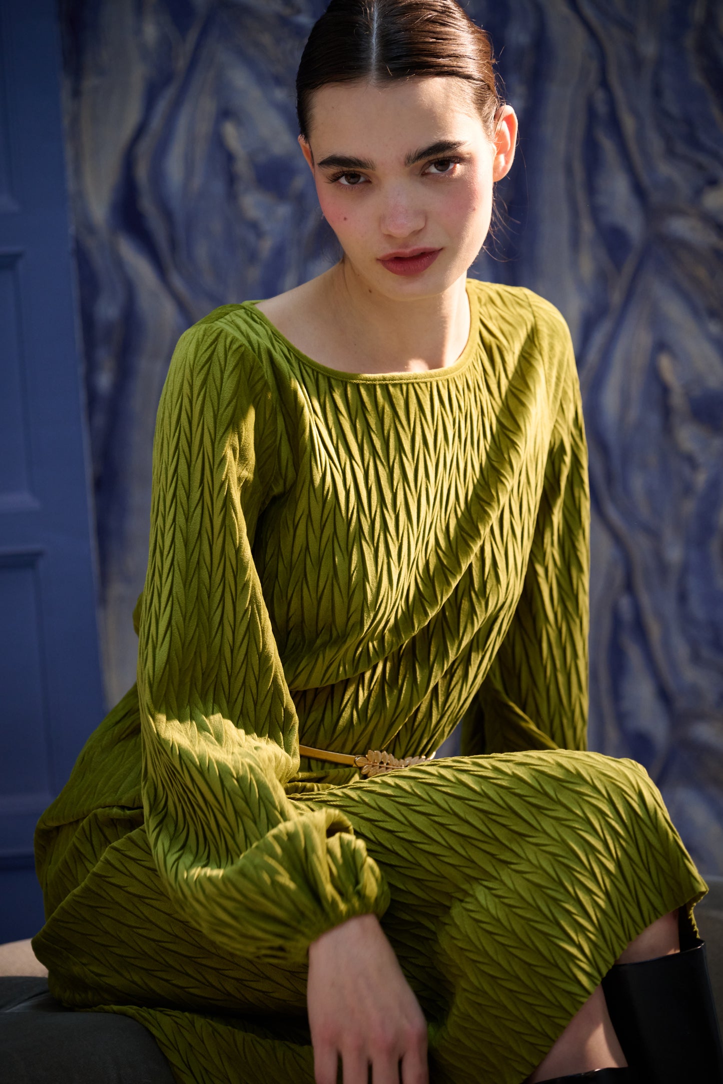 Milene Velvet Pleat Midi Dress - Kiwi