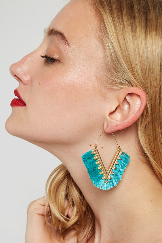 Edna V-Shape Silk Tassel Hoop Earrings - Turquoise - Front