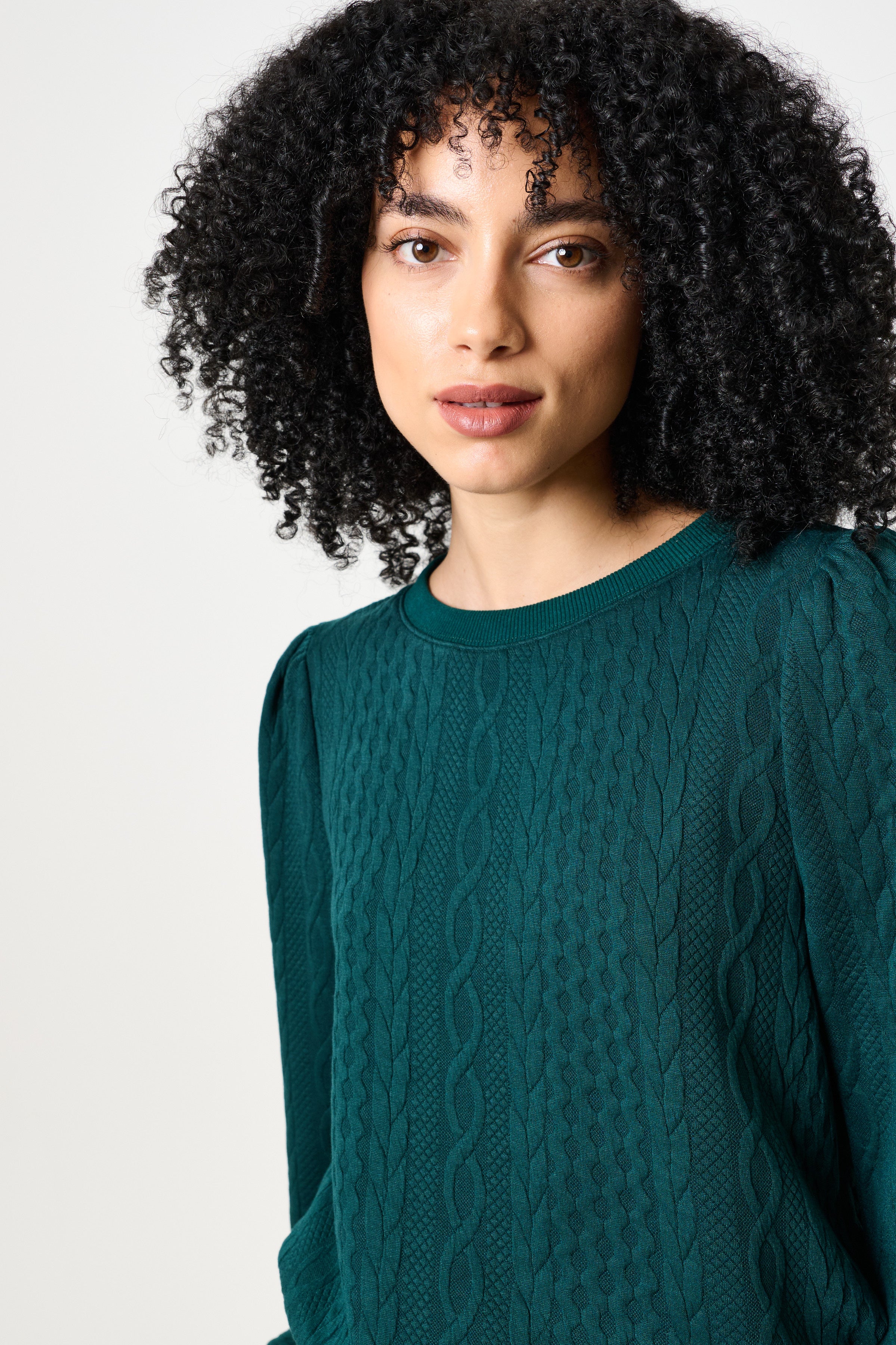 Ellie Cable Quilt Puff Sleeve Sweatshirt - Fir Green