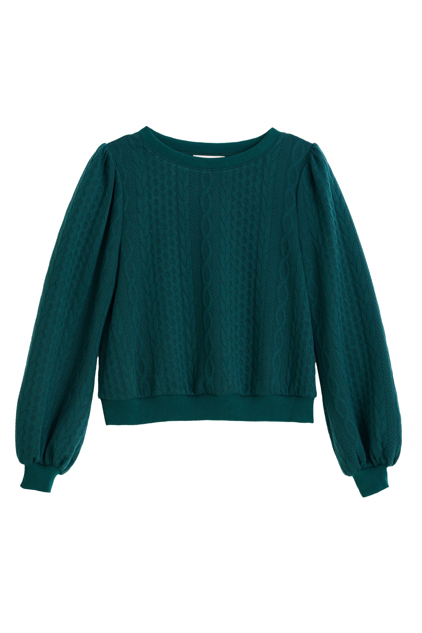 Ellie Cable Quilt Puff Sleeve Sweatshirt - Fir Green