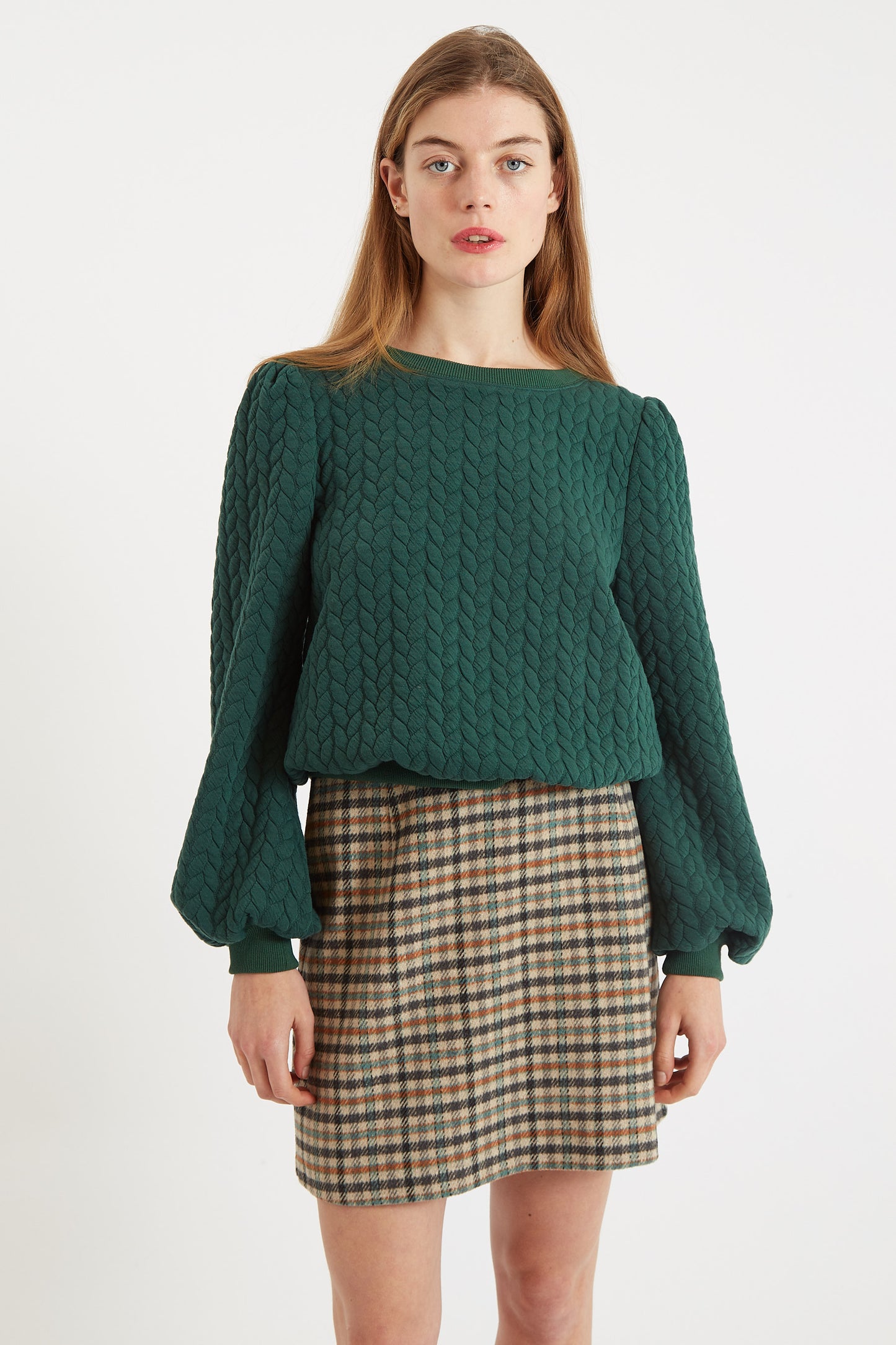 Ellie Plait Puff Sleeve Sweatshirt - Green