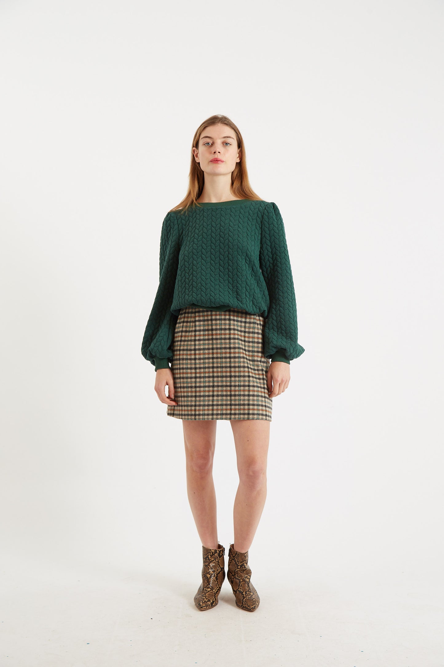 Ellie Plait Puff Sleeve Sweatshirt - Green