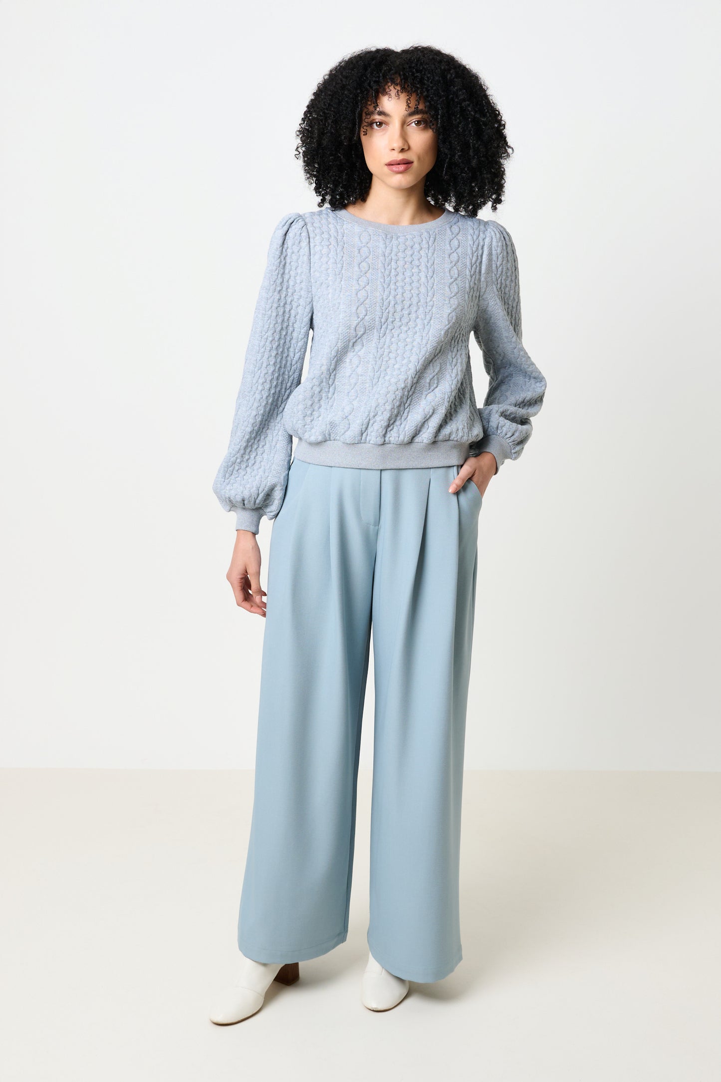 Ellie Cable Quilt Puff Sleeve Sweatshirt - Marl Grey