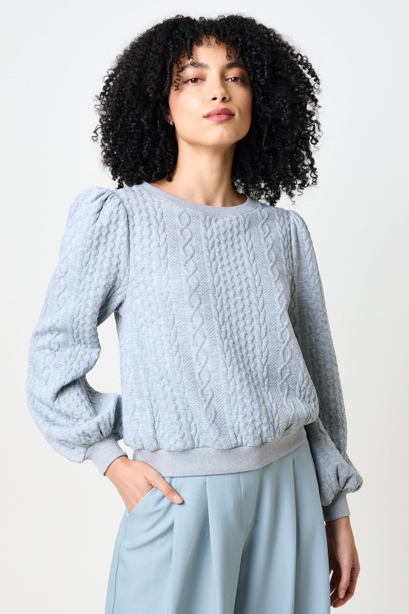 Ellie Cable Quilt Puff Sleeve Sweatshirt - Marl Grey