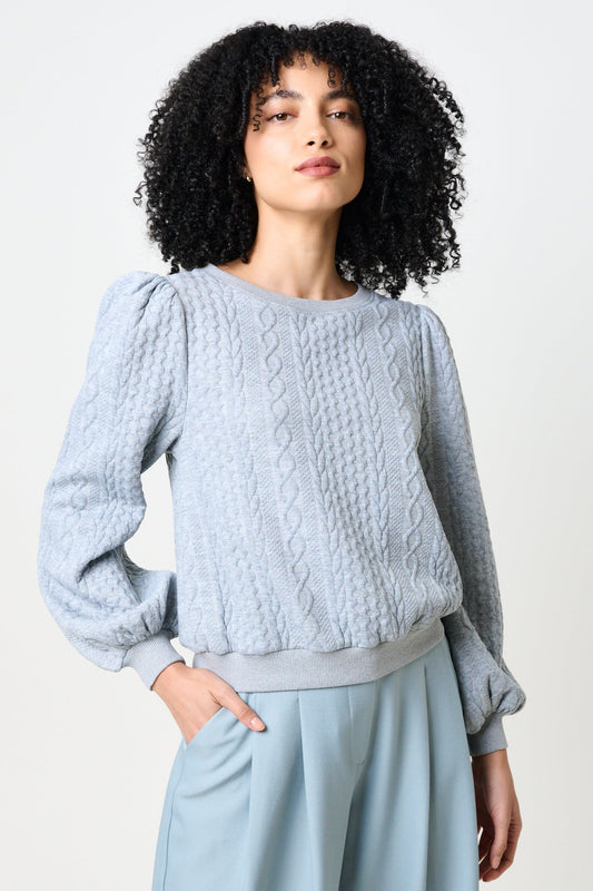 Ellie Cable Quilt Puff Sleeve Sweatshirt - Marl Grey