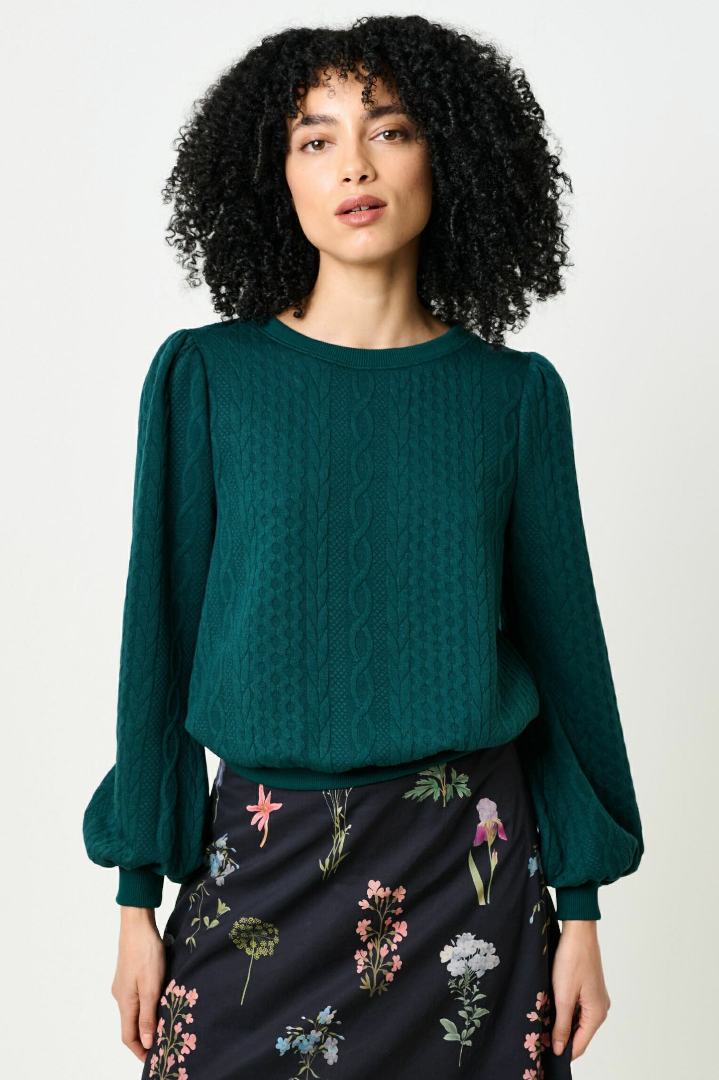Ellie Cable Quilt Puff Sleeve Sweatshirt - Fir Green